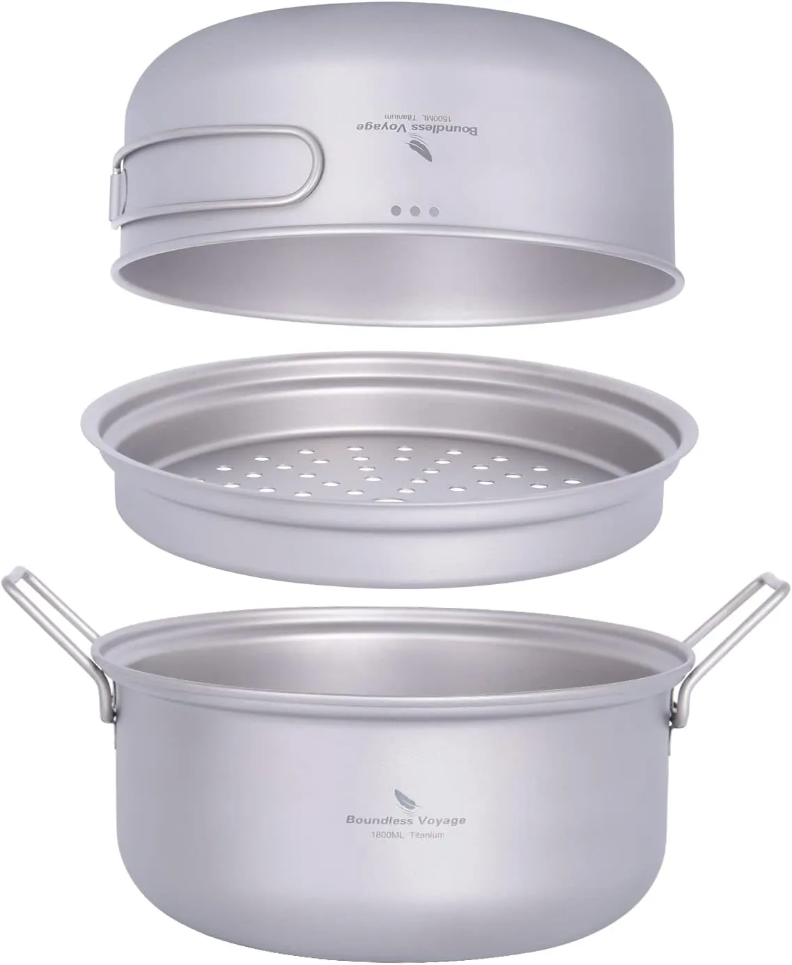 Boundless Voyage Titanium Steamer Stockpot with Fry Pan Set Ultralight Outdoor Cooking Pot Camping Pots and Pans Set Family Big Capacity Soup Pot Ti2102C