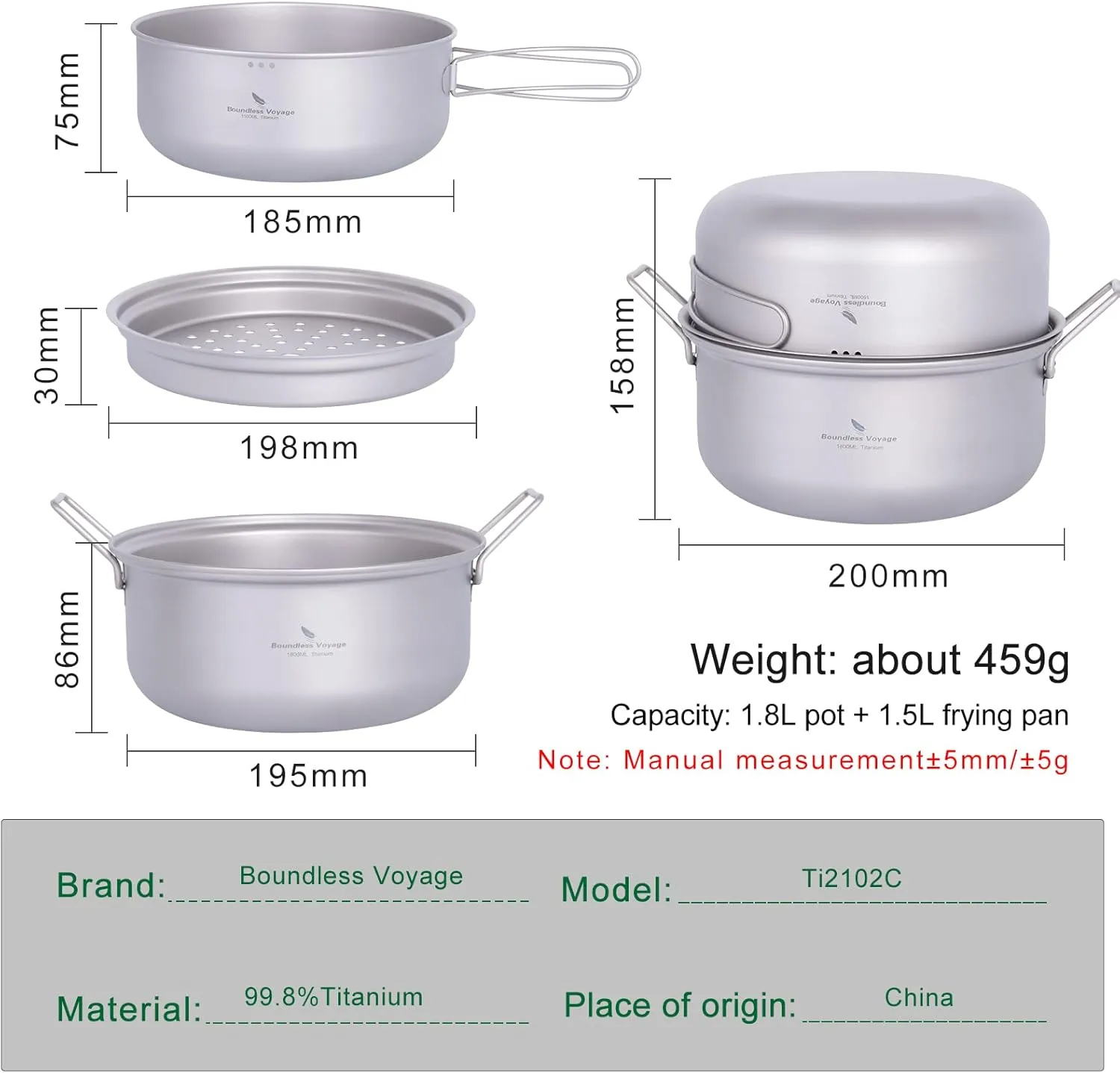Boundless Voyage Titanium Steamer Stockpot with Fry Pan Set Ultralight Outdoor Cooking Pot Camping Pots and Pans Set Family Big Capacity Soup Pot Ti2102C