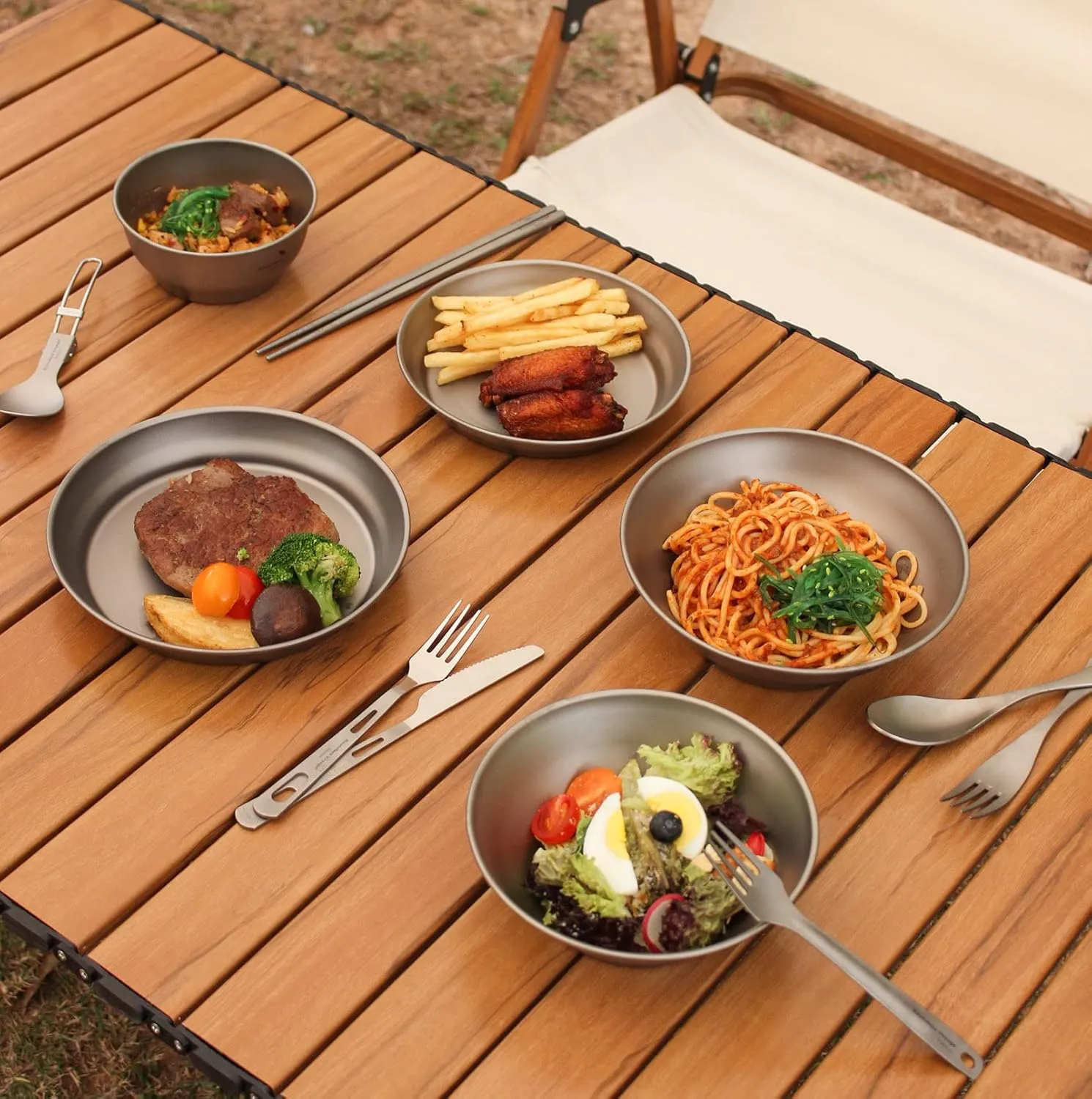 Boundless Voyage Ultralight Titanium Bowl Pan Plate Dish with Carry Bag Outdoor Camping Portable Tableware Cookware (5 Pcs Set (3 Bowls 2 Plates))
