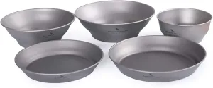 Boundless Voyage Ultralight Titanium Bowl Pan Plate Dish with Carry Bag Outdoor Camping Portable Tableware Cookware (5 Pcs Set (3 Bowls 2 Plates))