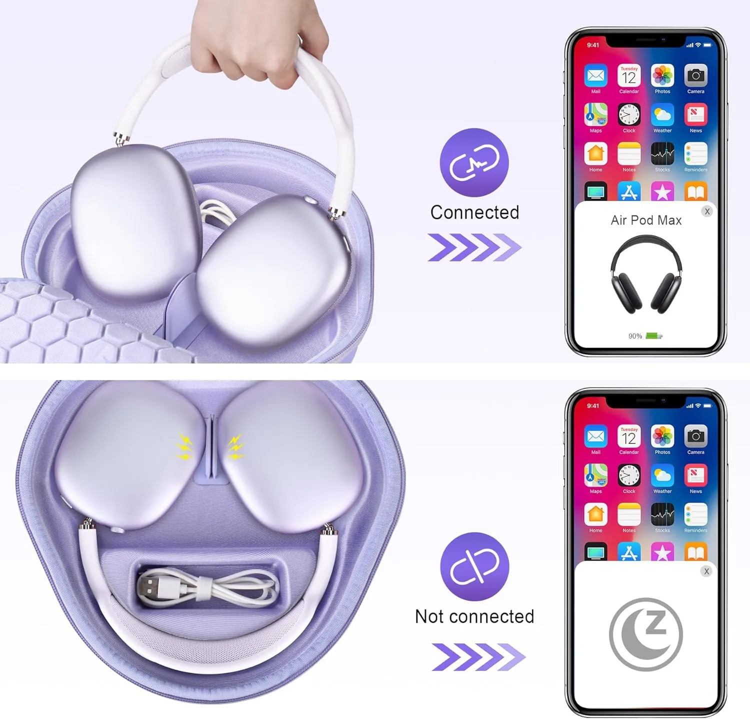 BOVKE Hard Carrying Case with Sleep Mode for Apple AirPods Max Wireless Over-Ear Headphones, AirPods Max Protective Portable Storage Bag with Mesh Pocket for USB-C Charging Cables Accessories, Purple