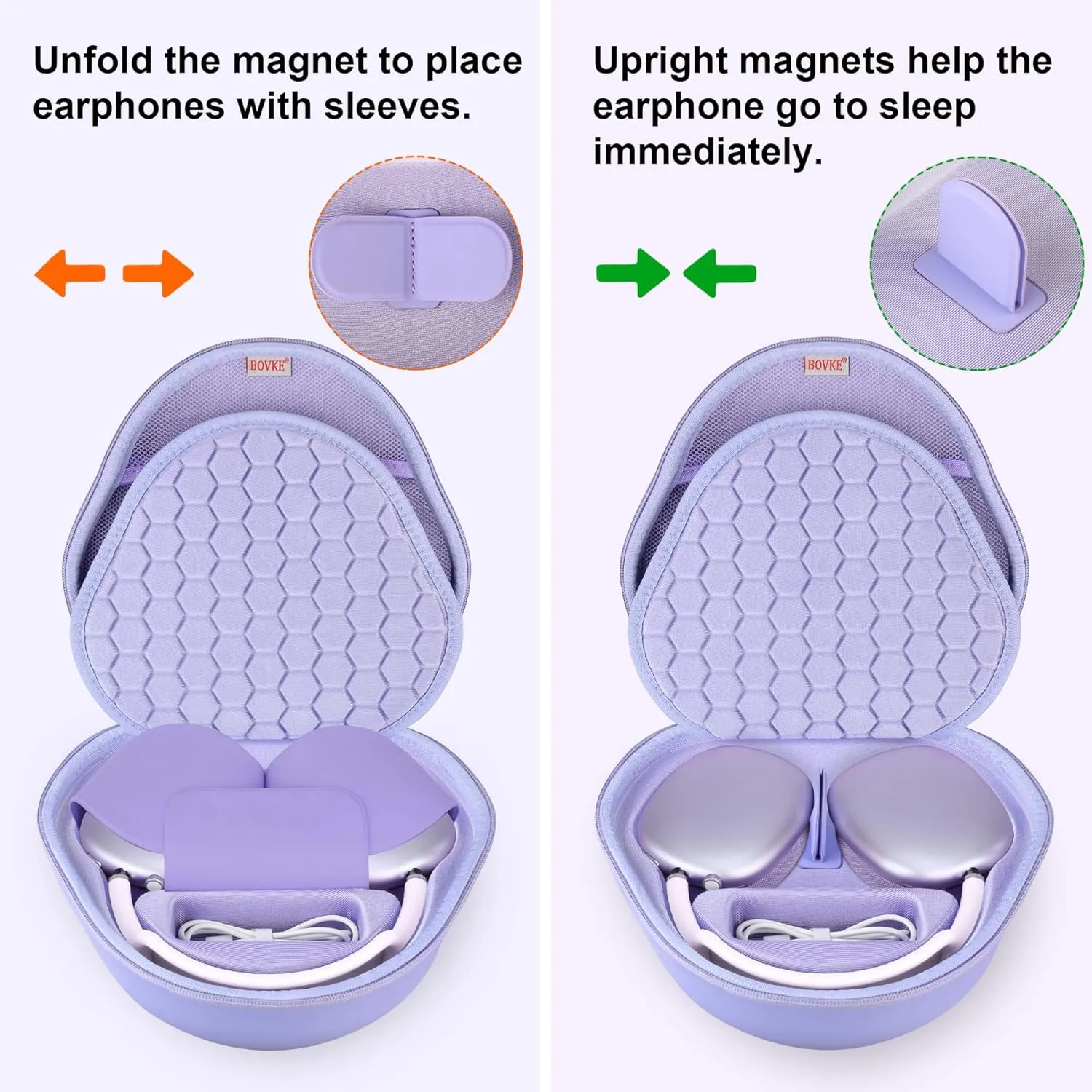 BOVKE Hard Carrying Case with Sleep Mode for Apple AirPods Max Wireless Over-Ear Headphones, AirPods Max Protective Portable Storage Bag with Mesh Pocket for USB-C Charging Cables Accessories, Purple