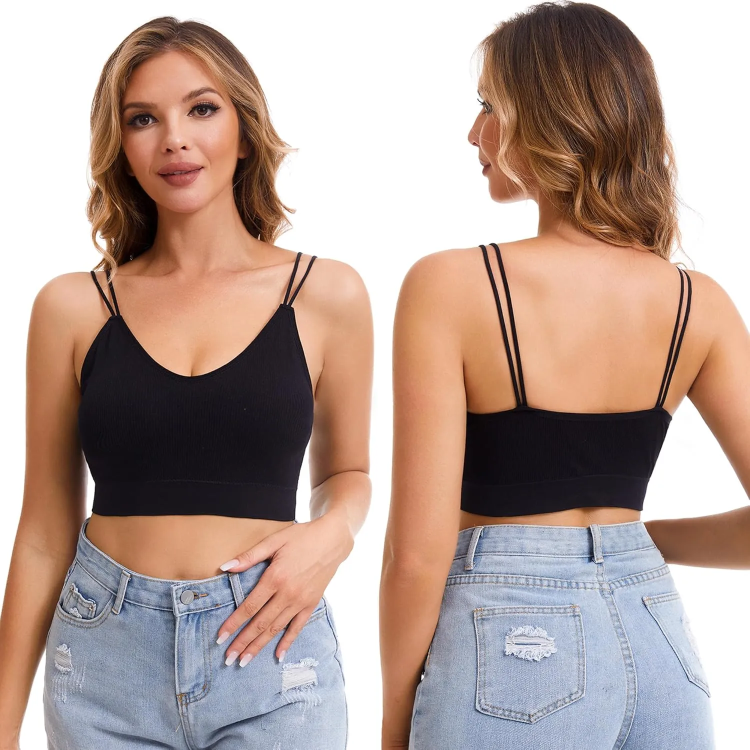BQTQ 6 Pcs V Neck Bralettes for Women Padded Bralette with Straps Seamless Bra