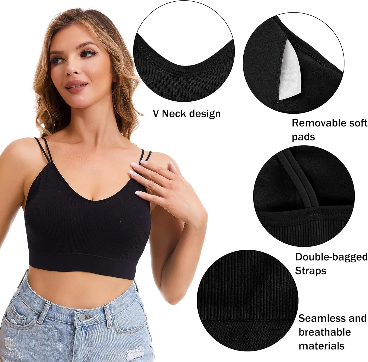BQTQ 6 Pcs V Neck Bralettes for Women Padded Bralette with Straps Seamless Bra