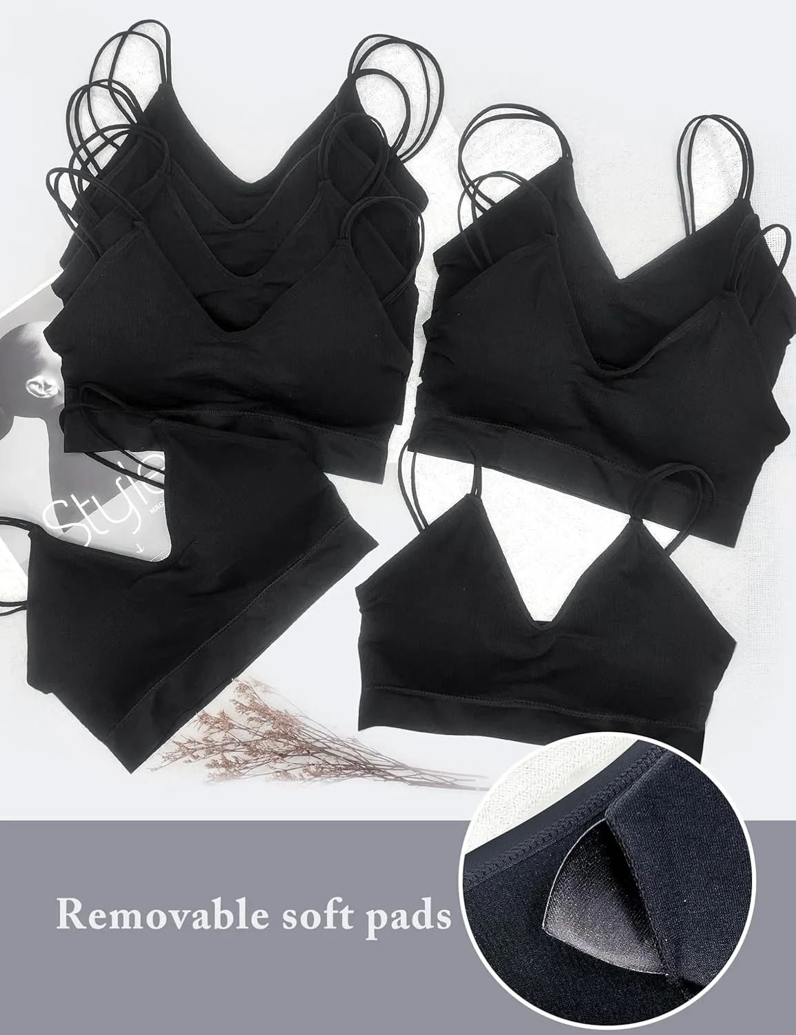 BQTQ 8 Pieces V Neck Bralettes Padded Bralettes for Women with Elastic Straps Seamless Bra