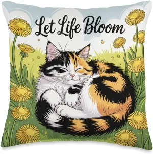 Calico Cat in Dandelion Field Let Life Bloom Peaceful Art Throw Pillow