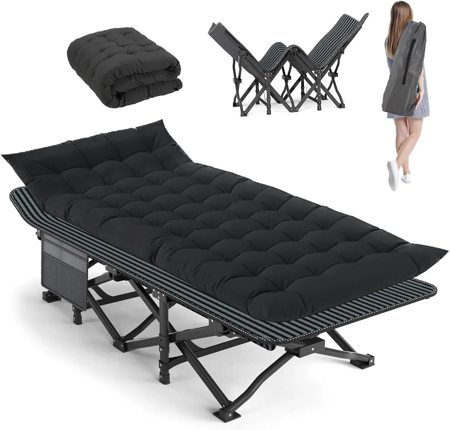 Camping Cot, Extra Wide with Thick Mattress, Folding Oversized XL 75" L x 28" W x 15" H Heavy Duty Sleeping Bed for Adult