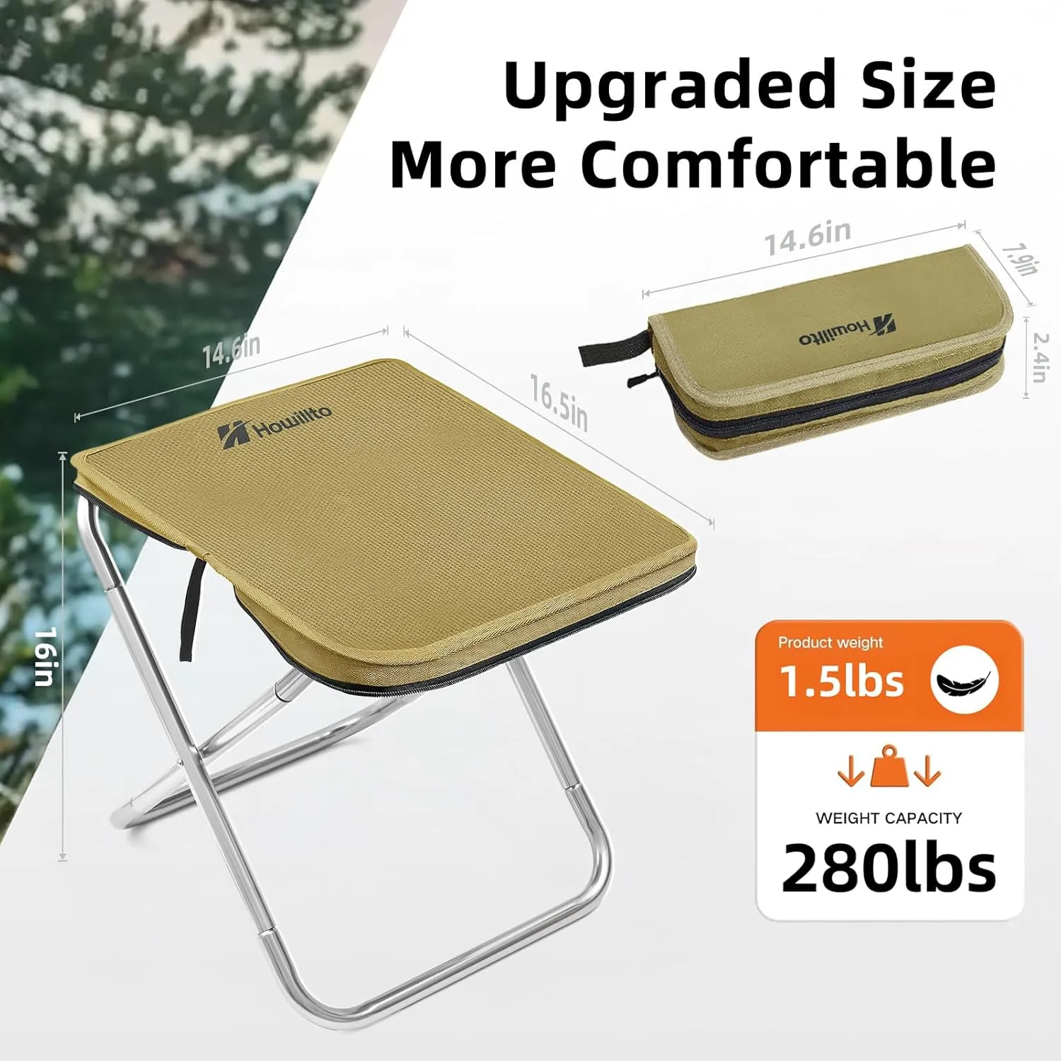 Camping Stool, 16in Tall Portable Folding Stool with Carry Bag, Upgraded Ultralight Chair with Roomy Seat for Adults, Holds 280lbs, Ideal for Hiking, Fishing, Outdoor Use, Brown