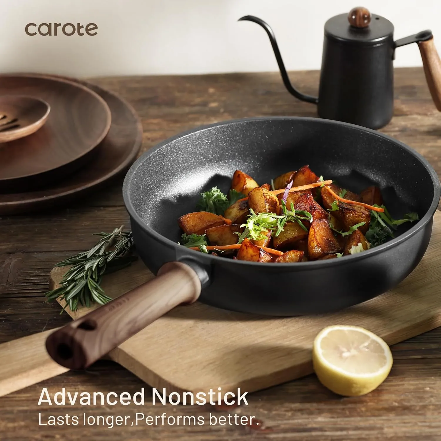 CAROTE Titanium Pan Non Stick Frying Pans, 8/9.5/11 Inch Nonstick Skillet Chef's Pan with lid, Compatible with All Stoves, 8''