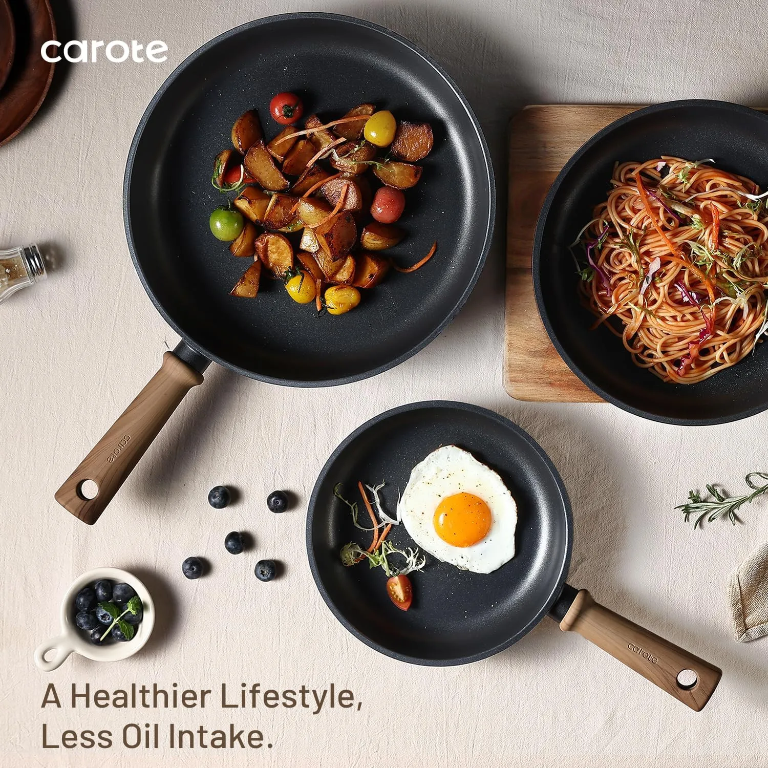 CAROTE Titanium Pan Non Stick Frying Pans, 8/9.5/11 Inch Nonstick Skillet Chef's Pan with lid, Compatible with All Stoves, 8''
