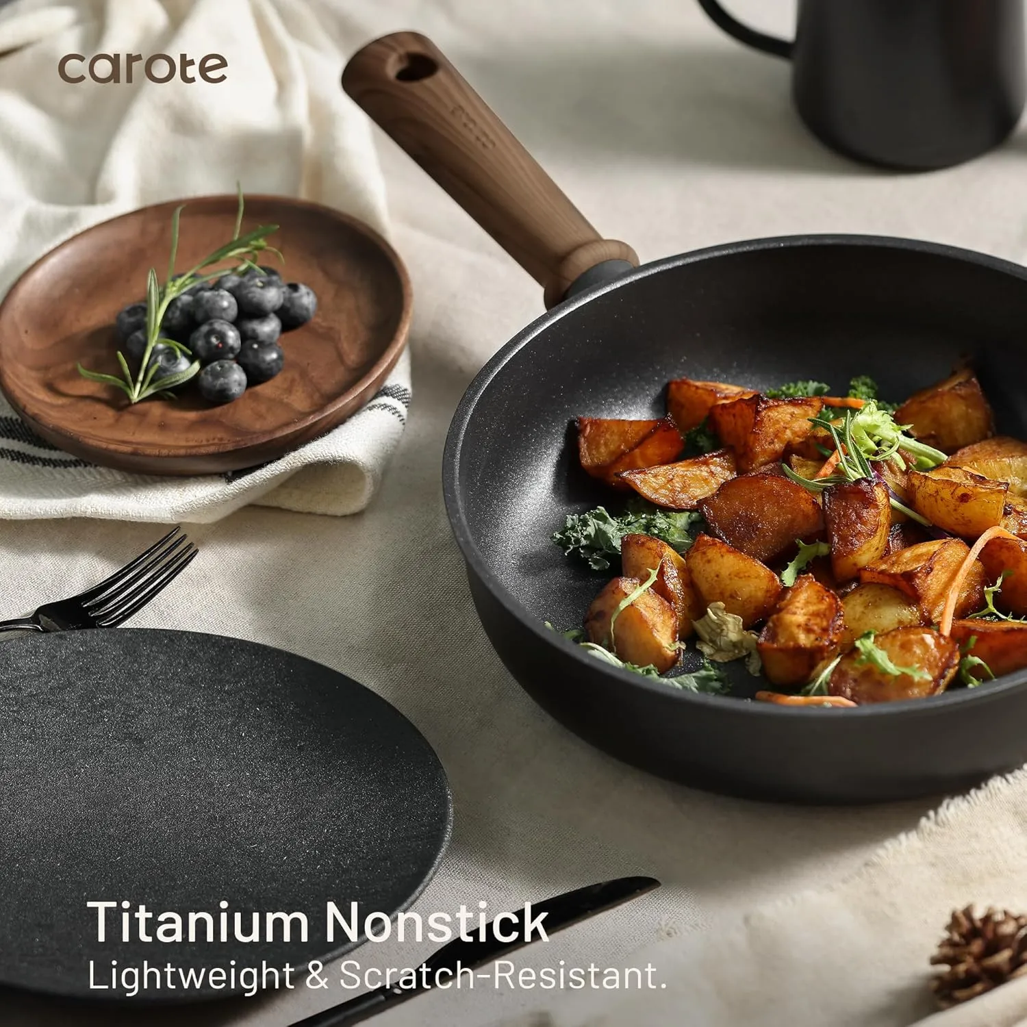 CAROTE Titanium Pan Non Stick Frying Pans, 8/9.5/11 Inch Nonstick Skillet Chef's Pan with lid, Compatible with All Stoves, 8''