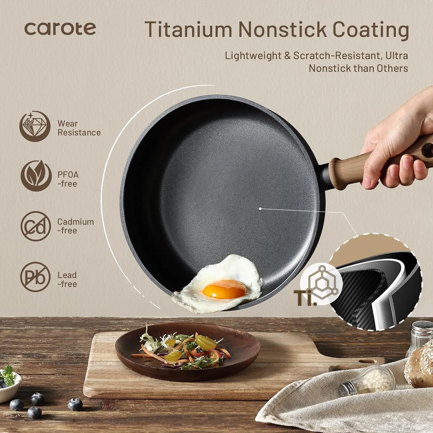 CAROTE Titanium Pan Non Stick Frying Pans, 8/9.5/11 Inch Nonstick Skillet Chef's Pan with lid, Compatible with All Stoves, 8''
