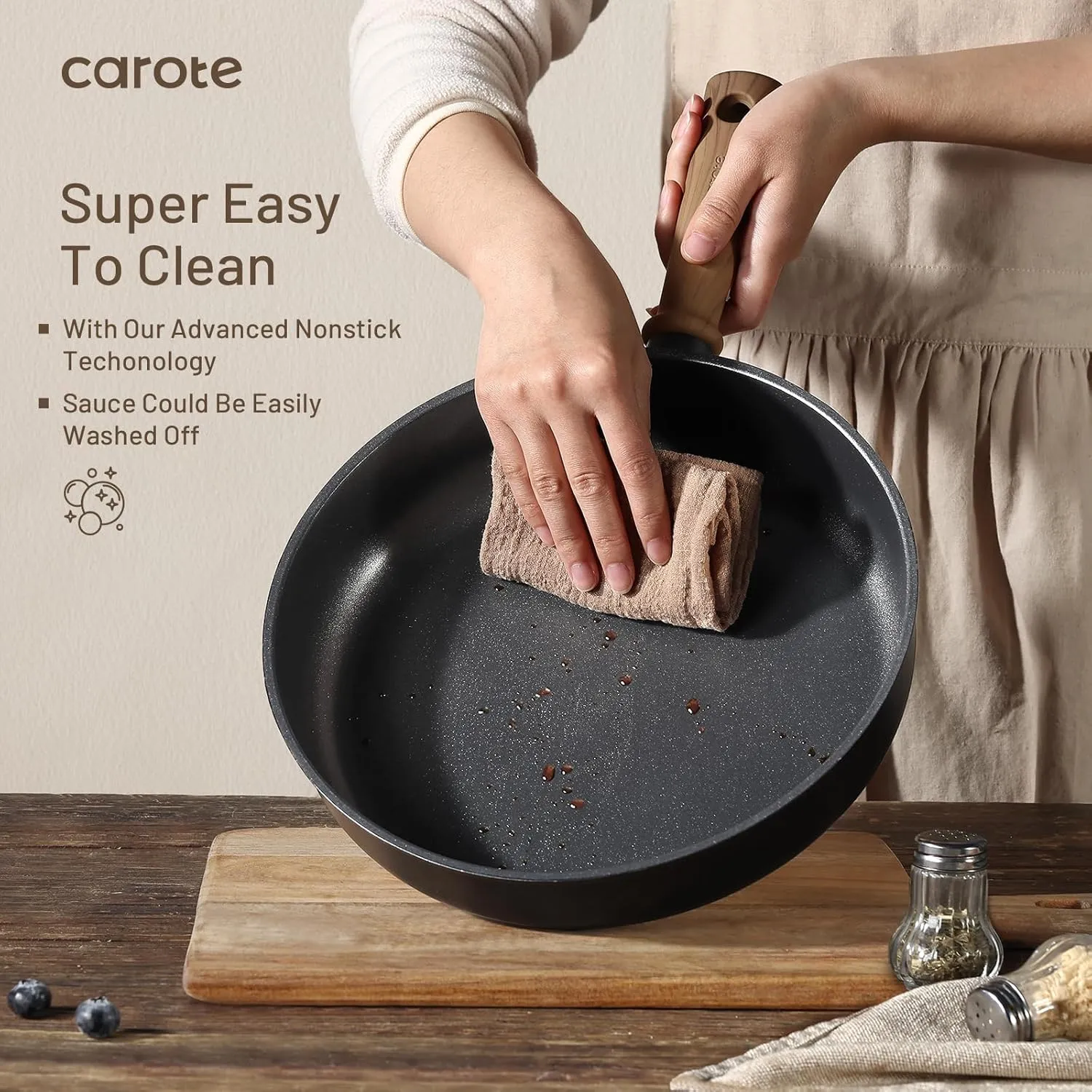 CAROTE Titanium Pan Non Stick Frying Pans, 8/9.5/11 Inch Nonstick Skillet Chef's Pan with lid, Compatible with All Stoves, 8''