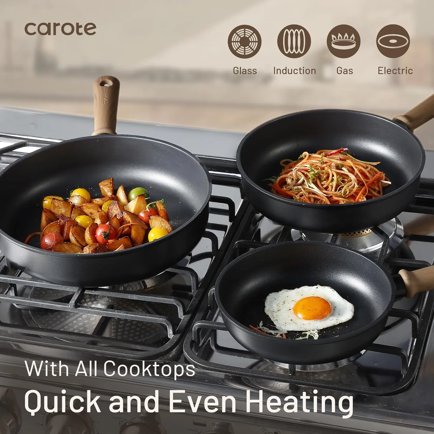 CAROTE Titanium Pan Non Stick Frying Pans, 8/9.5/11 Inch Nonstick Skillet Chef's Pan with lid, Compatible with All Stoves, 8''