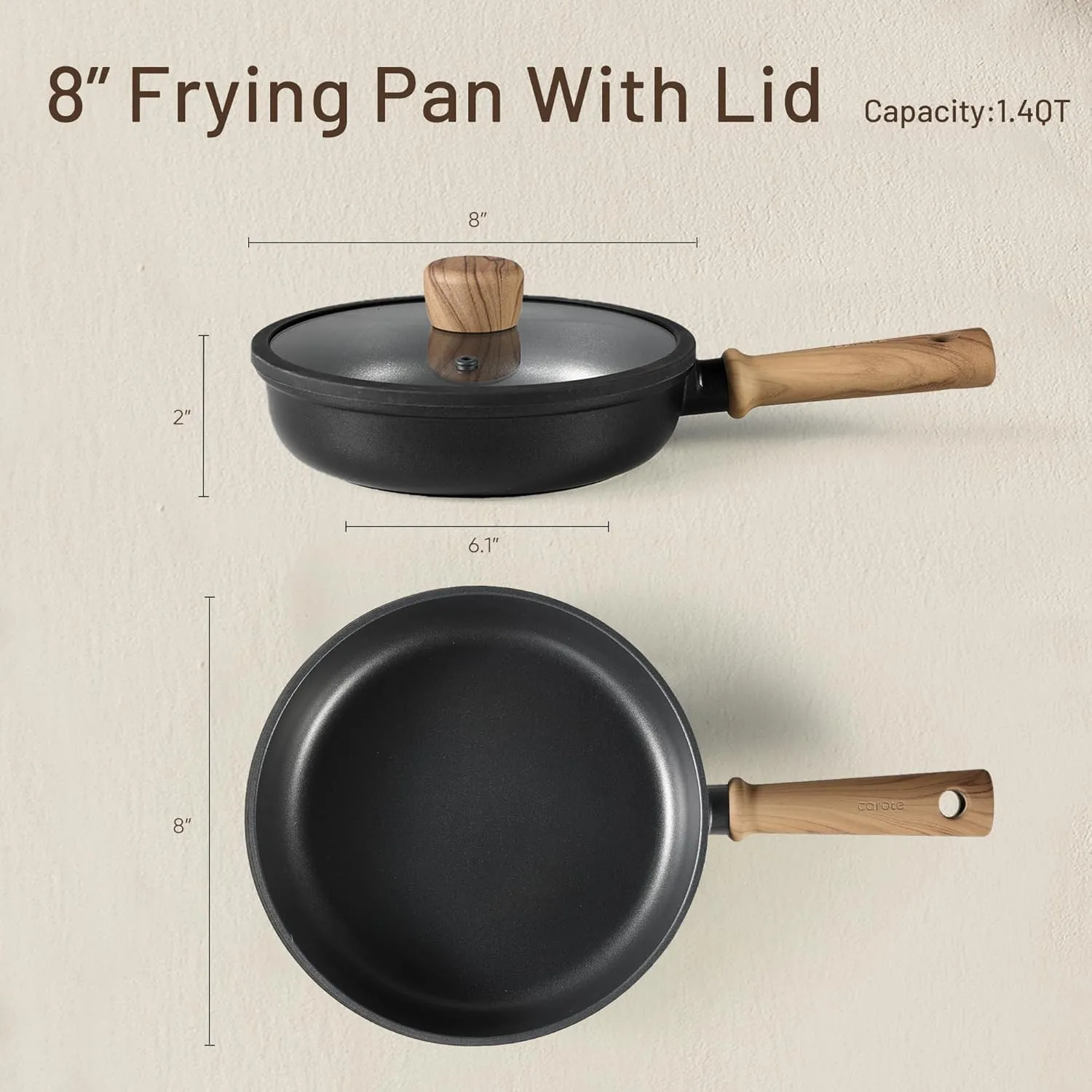 CAROTE Titanium Pan Non Stick Frying Pans, 8/9.5/11 Inch Nonstick Skillet Chef's Pan with lid, Compatible with All Stoves, 8''
