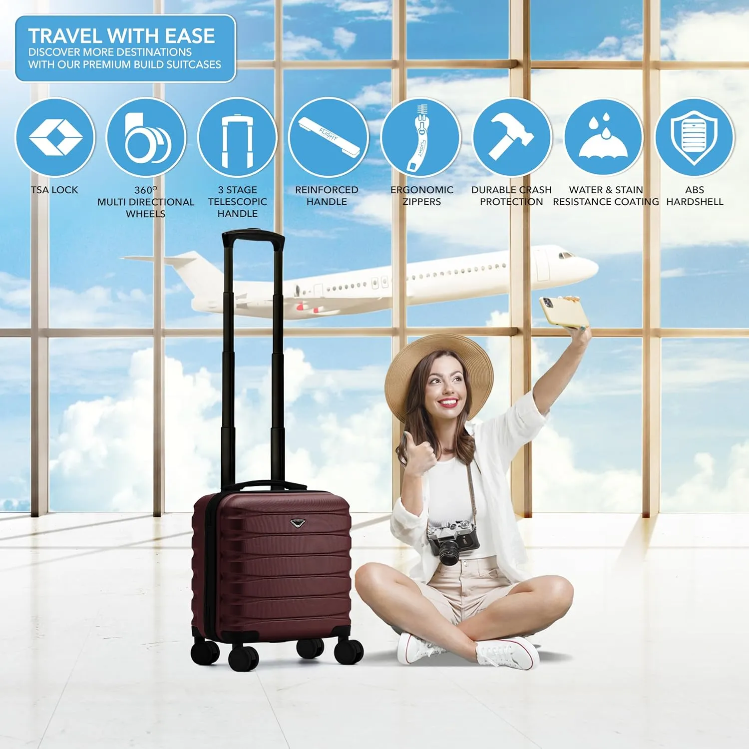 Carry On Suitcase 18x14x8 Hardside Built In TSA Lock & USB Port Lightweight Luggage Silent Double Spinner Wheels Maximum Underseat Carry-On Bag For American & United Approved Airlines