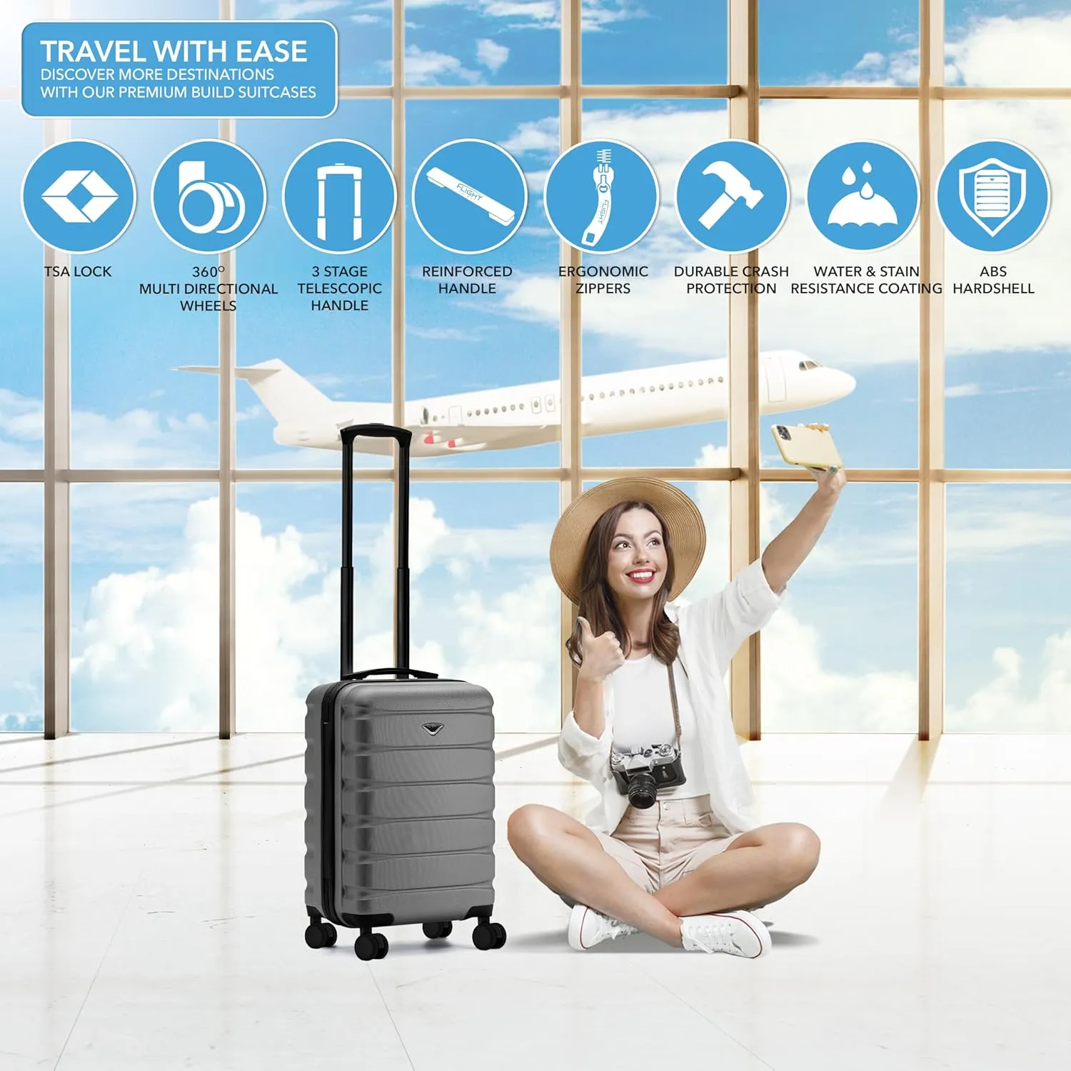 Carry On Suitcase 22x14x9 Hardside Built In TSA Lock & USB Port Lightweight Luggage Silent Double Spinner Wheels Maximum Overhead Carry-On Bag For American & United Approved Airlines