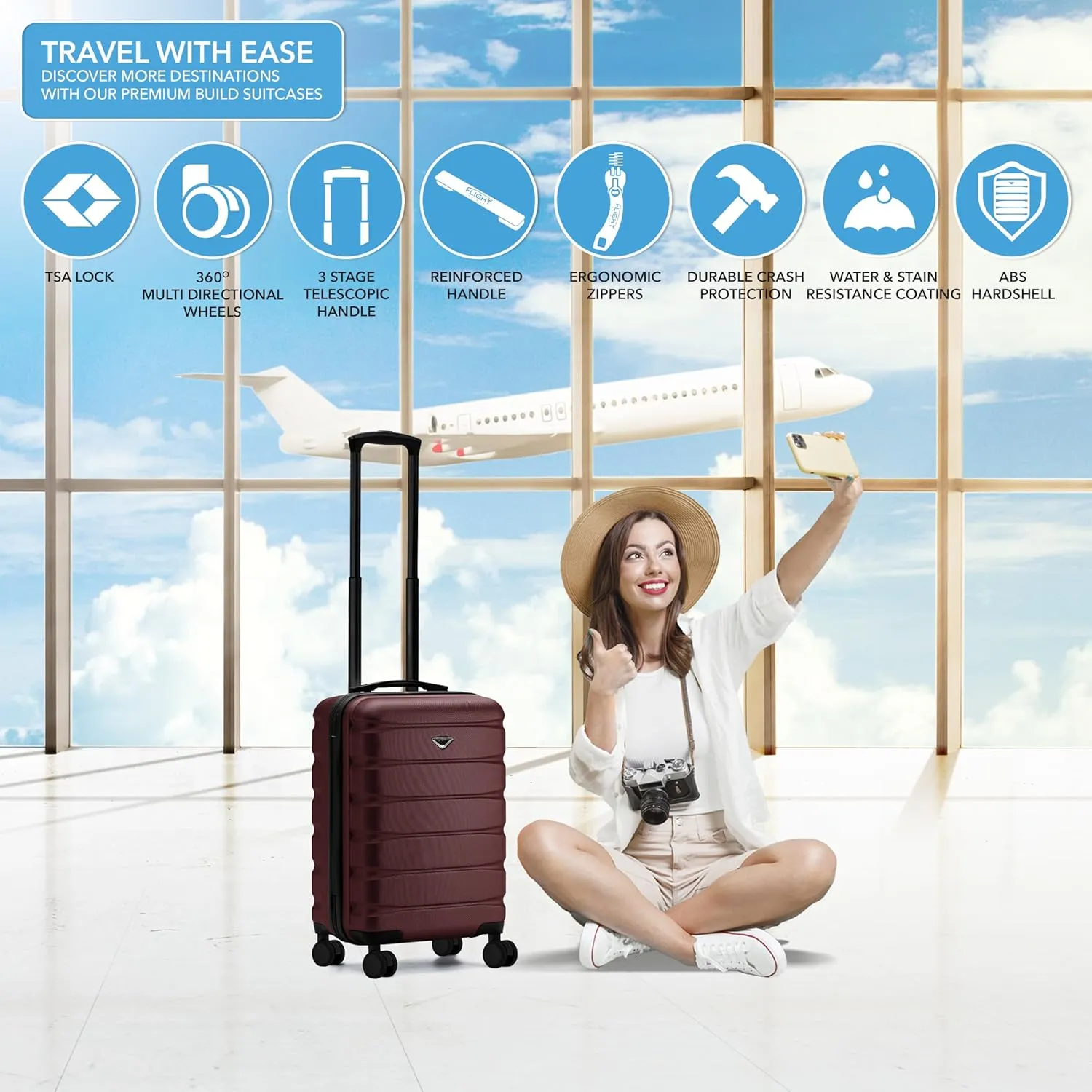 Carry On Suitcase 22x14x9 Hardside Built In TSA Lock & USB Port Lightweight Luggage Silent Double Spinner Wheels Maximum Overhead Carry-On Bag For American & United Approved Airlines