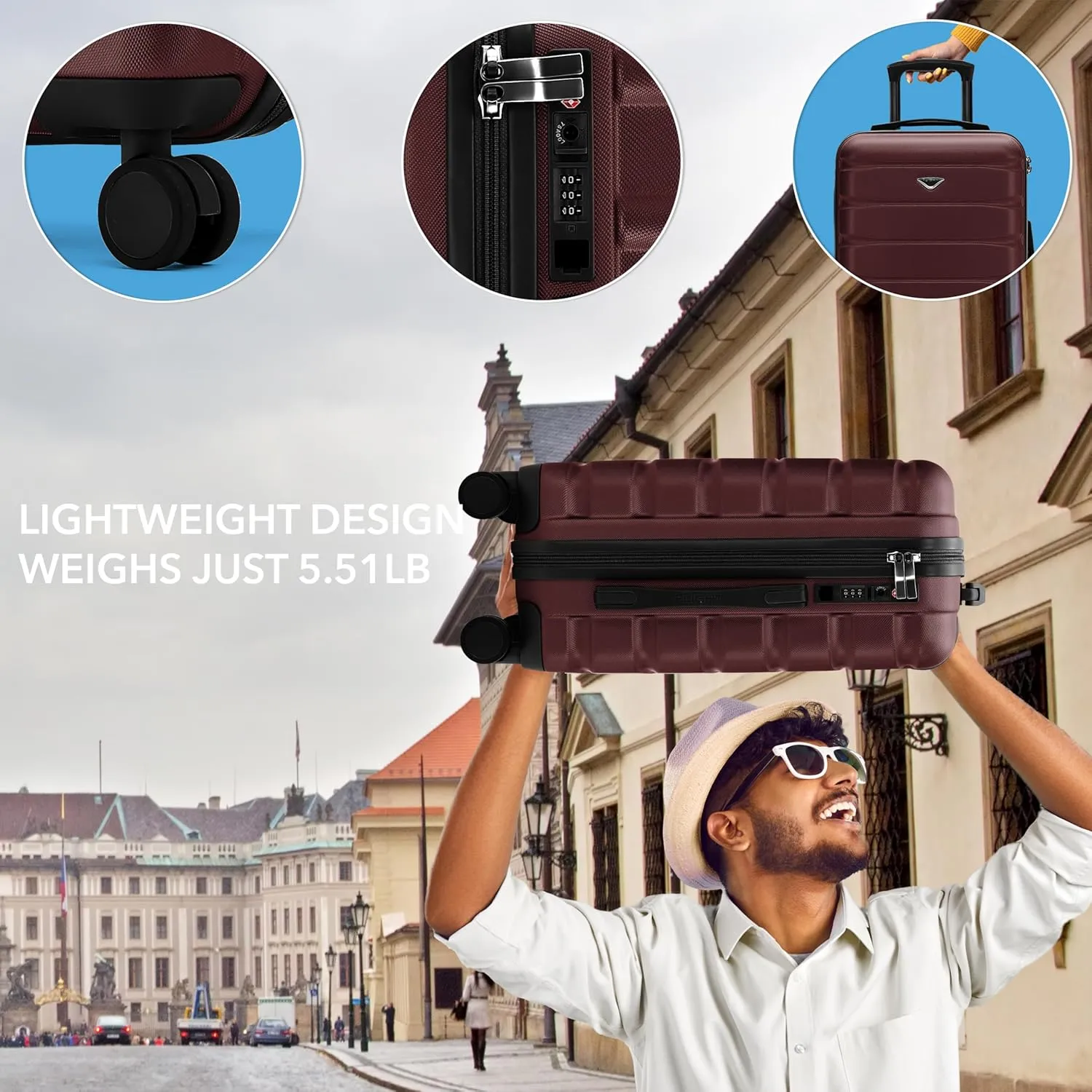 Carry On Suitcase 22x14x9 Hardside Built In TSA Lock & USB Port Lightweight Luggage Silent Double Spinner Wheels Maximum Overhead Carry-On Bag For American & United Approved Airlines
