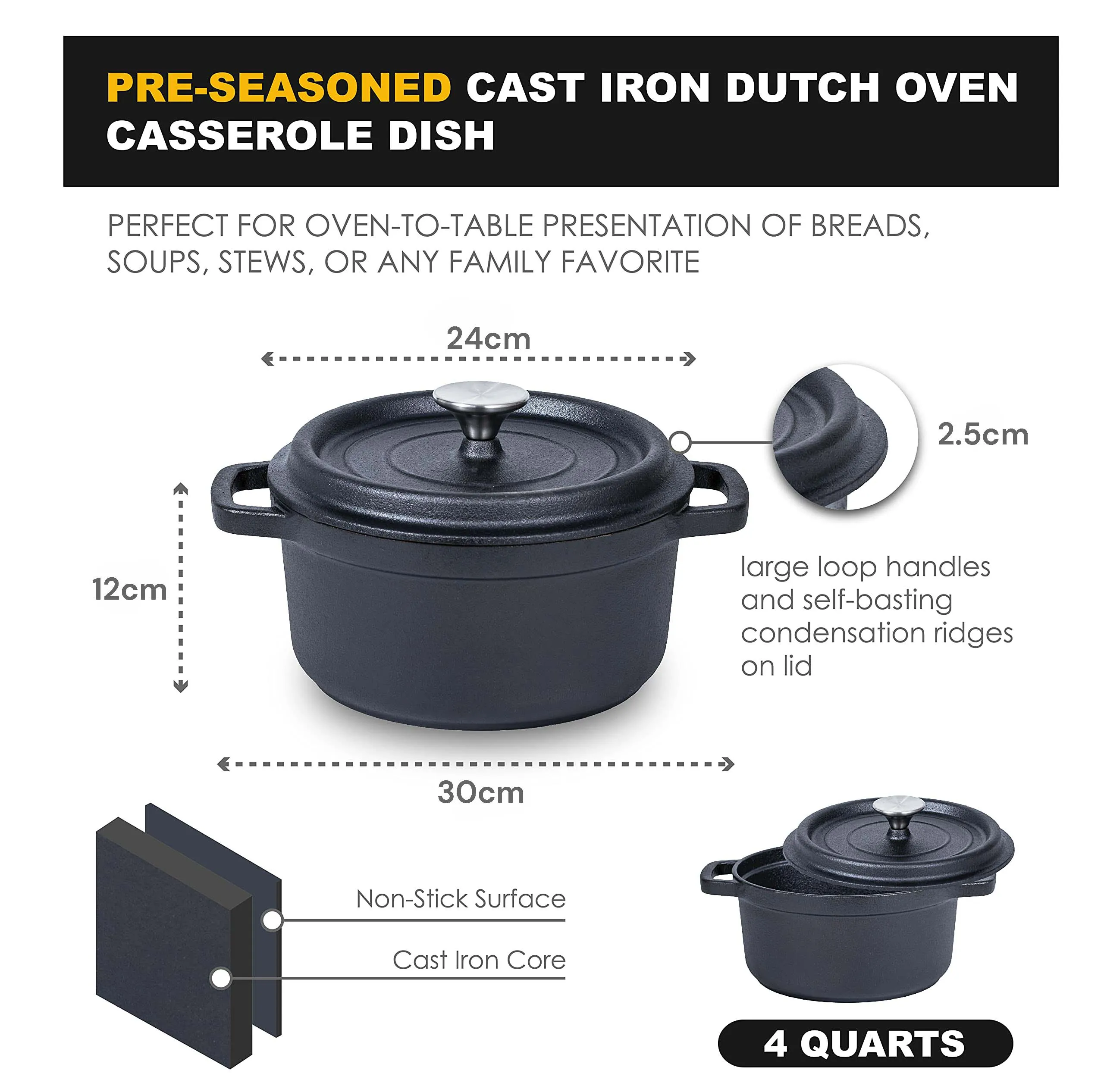 Cast Iron Dutch Oven 24cm Pre-Seasoned NonStick with Handles Lid Skillet Braising Pot Casserole