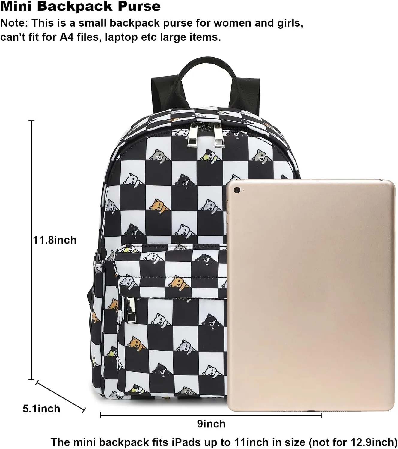 Checkered Cat Mini Backpack Women Girls, Small Backpack Purse for Adults Teens Kids School Travel