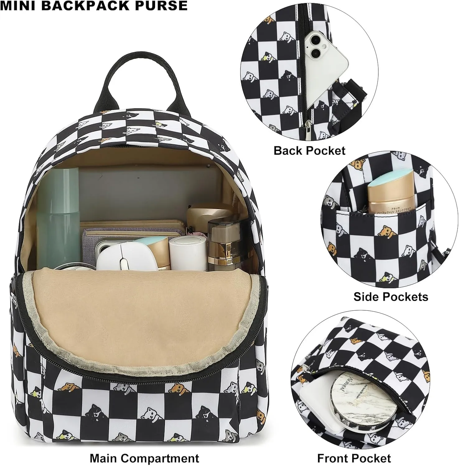 Checkered Cat Mini Backpack Women Girls, Small Backpack Purse for Adults Teens Kids School Travel