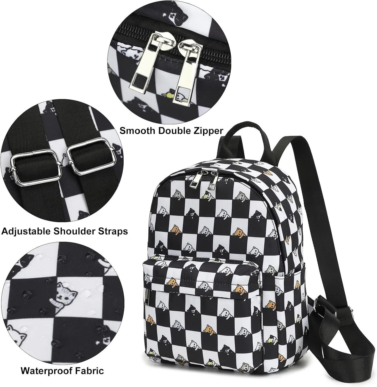 Checkered Cat Mini Backpack Women Girls, Small Backpack Purse for Adults Teens Kids School Travel