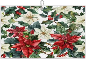 Christmas Red White Flowers Golf Towel with Heavy Duty Carabiner Ultra Absorbent Quick Dry Perfect for Cleaning Clubs Balls Gear Essential Golf Accessory for Men Women Kids