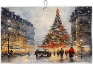Christmas Tree Street People Walking Golf Towel with Heavy Duty Carabiner Ultra Absorbent Quick Dry Perfect for Cleaning Clubs Balls Gear Essential Golf Accessory for Men Women Kids