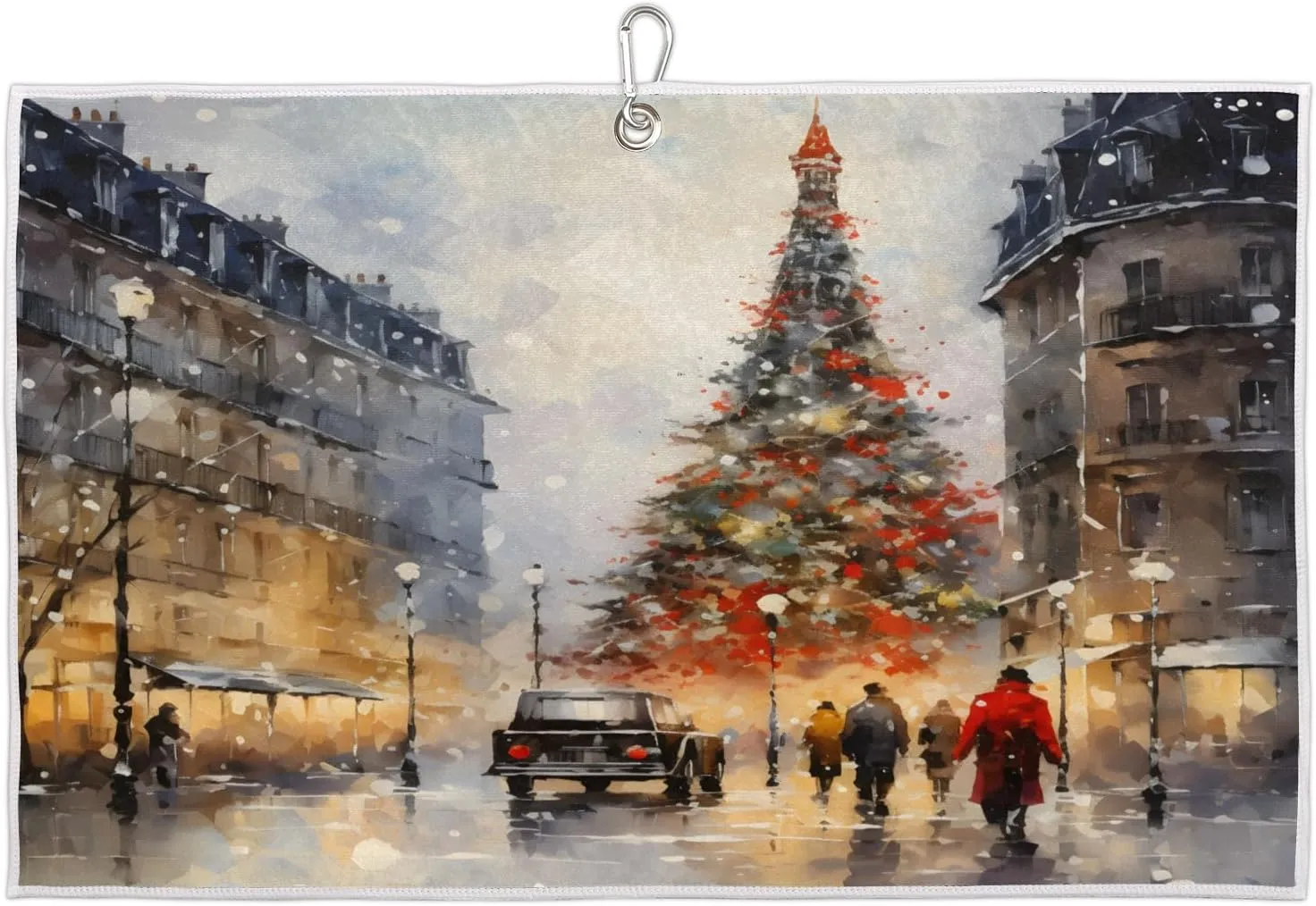 Christmas Tree Street People Walking Golf Towel with Heavy Duty Carabiner Ultra Absorbent Quick Dry Perfect for Cleaning Clubs Balls Gear Essential Golf Accessory for Men Women Kids