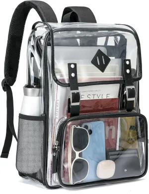 Clear Backpack Large Capacity Heavy Duty Transparent PVC Backpack with Leather Trim for Women College Work Travel