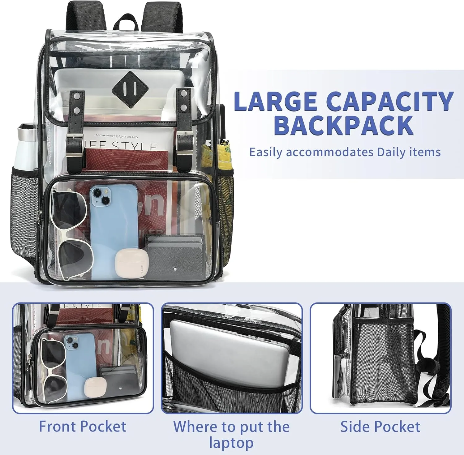 Clear Backpack Large Capacity Heavy Duty Transparent PVC Backpack with Leather Trim for Women College Work Travel