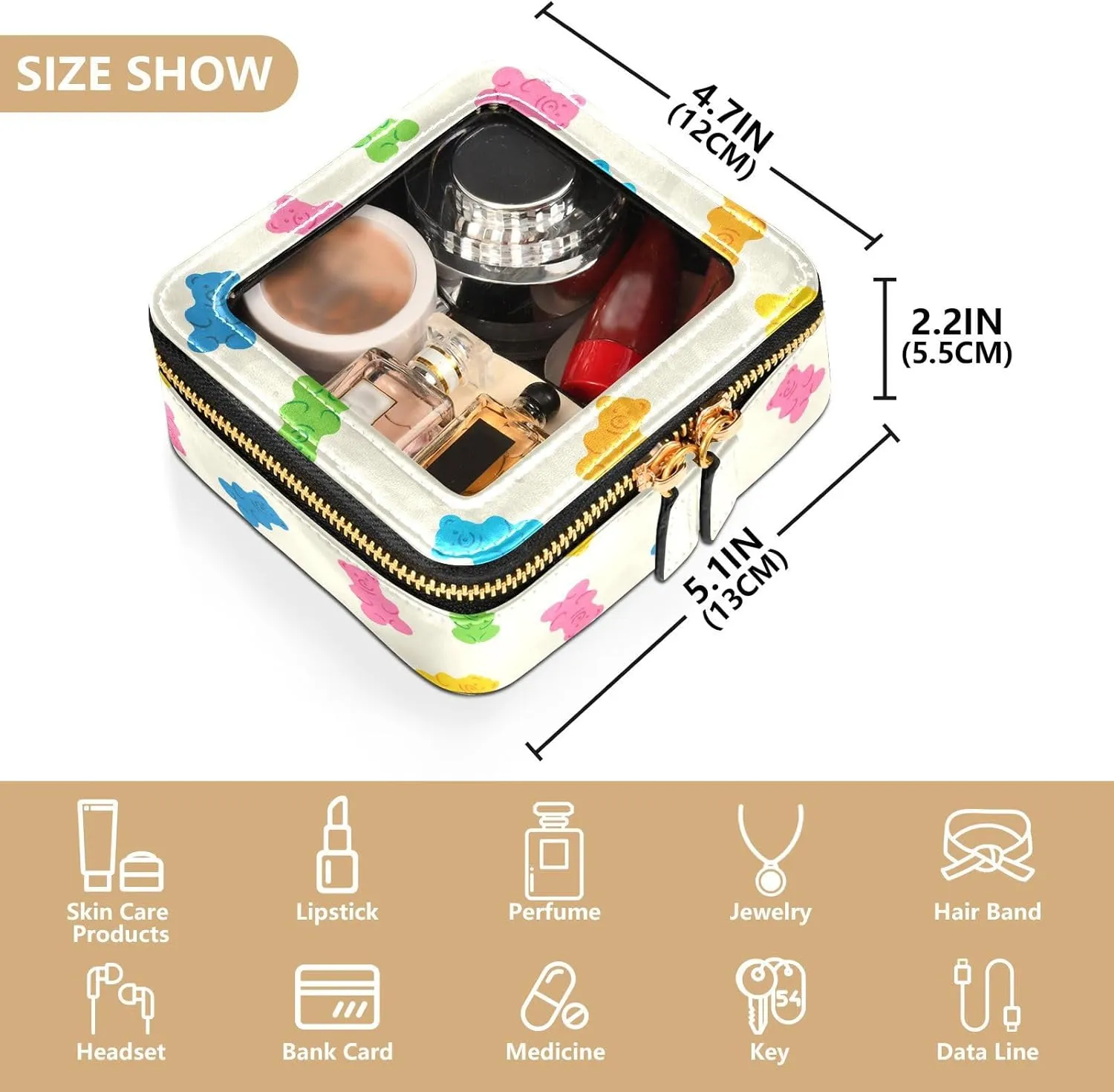 Clear Makeup Bag Gummy Bear Jelly Candy Colorful Travel Toiletry Bag with Zipper Small MakeUp Organizer Travel Essentials Cosmetic Bags for Women