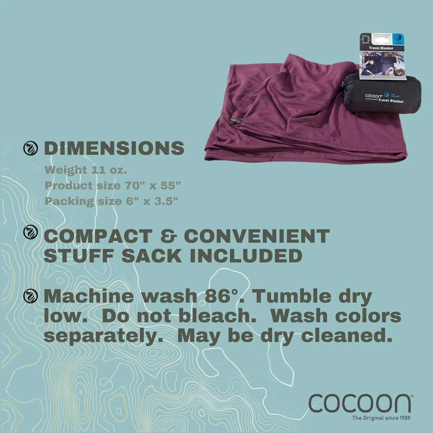COCOON - Coolmax Travel Blanket | Compact Throw Blanket for Camping and Hiking | Fits in Backpack | Attaches to Luggage | Travel Essential | Fast Drying (Regular 70" x 55")