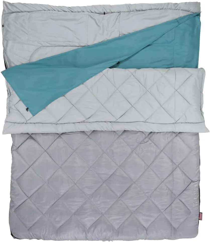 Coleman 45°F Double Sleeping Bag Queen Size XL Sleeping Bag with Big & Tall Design 2 Bags When Zipped Apart 3-Layer Comfort with Snag-Free Zipper & Stuff Sack Machine Washable