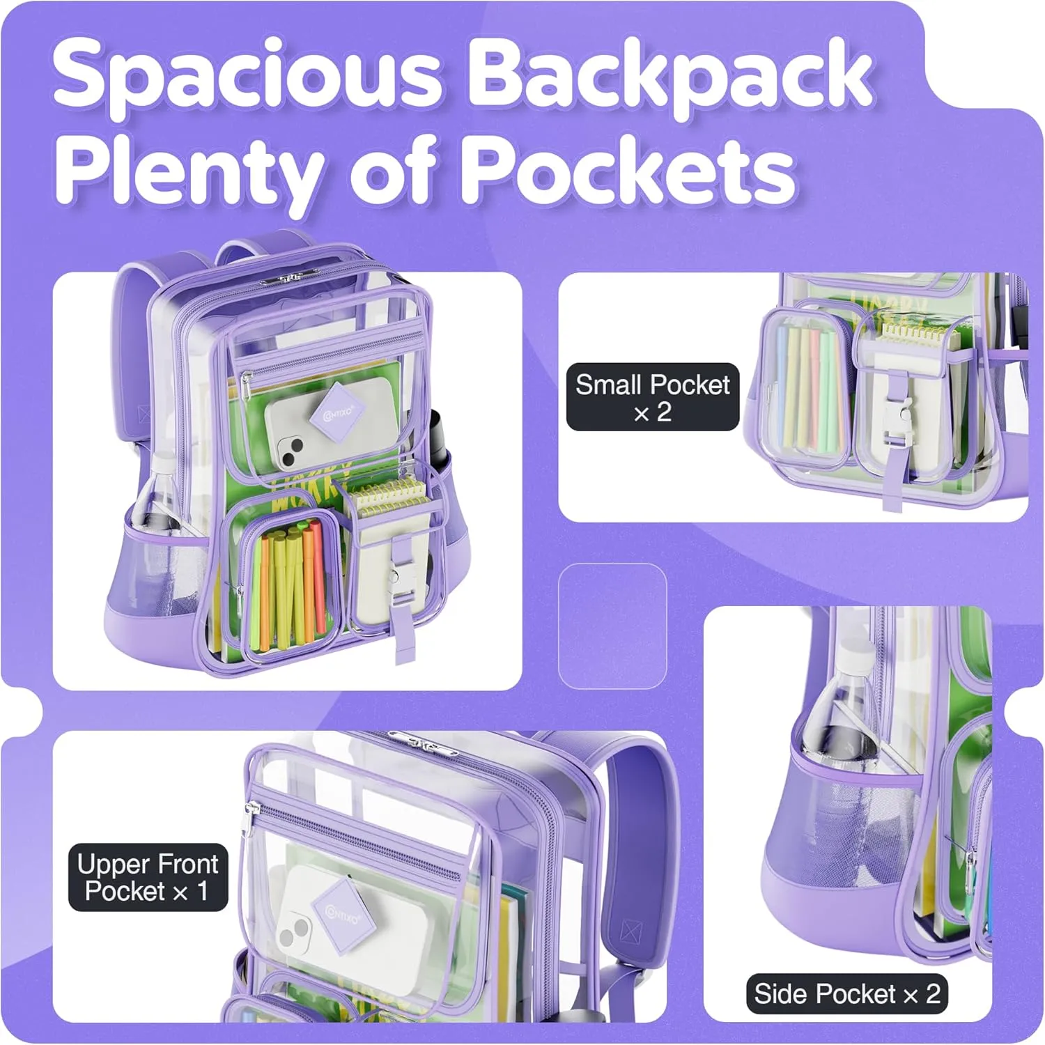 Contixo Clear Backpack for Kids & Adults - Transparent PVC Bookbag - Stadium-Approved Travel Bag for School, Waterproof - Adjustable Straps - Durable Tear-Resistant - 16.9" x 13.7" x 6.6" - Purple