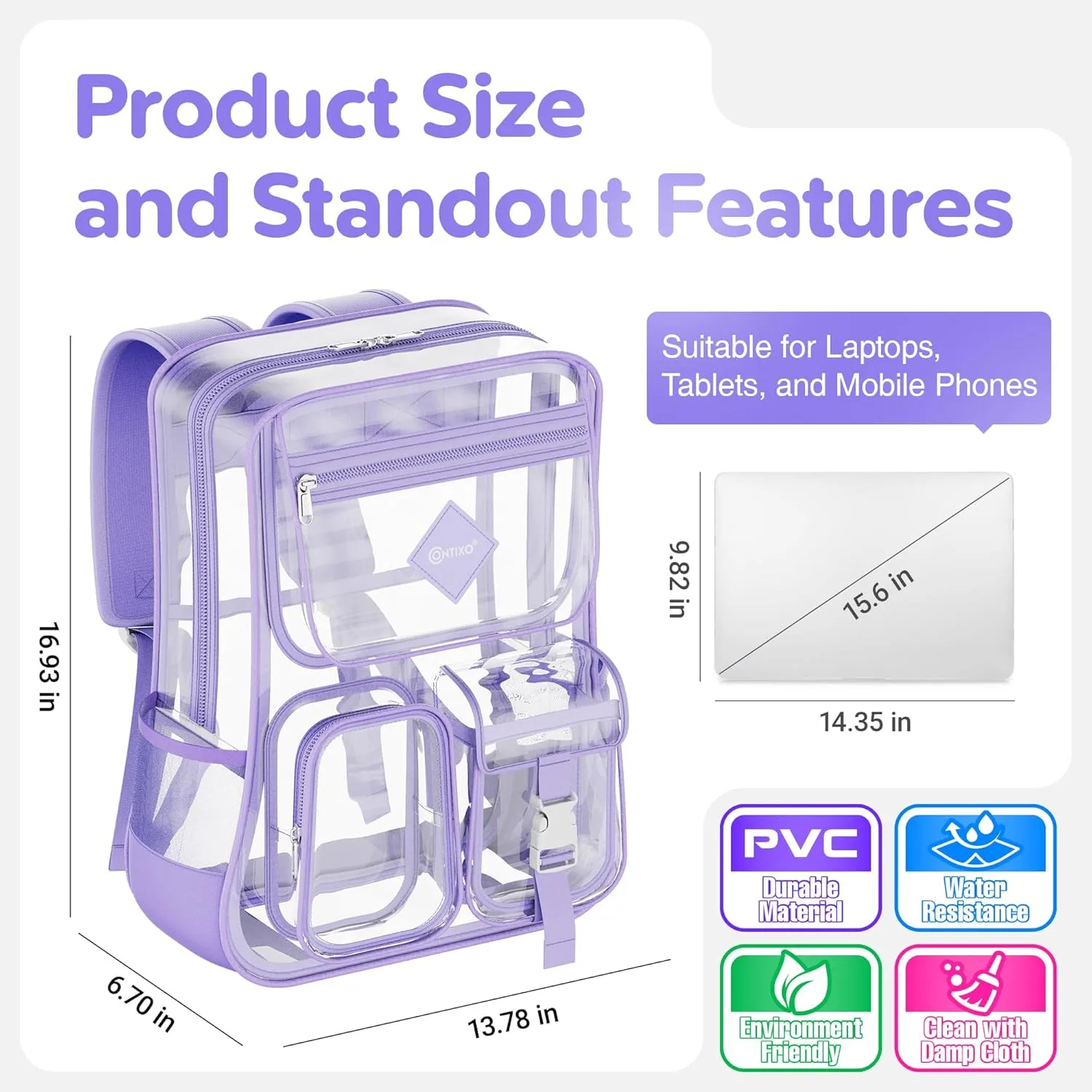 Contixo Clear Backpack for Kids & Adults - Transparent PVC Bookbag - Stadium-Approved Travel Bag for School, Waterproof - Adjustable Straps - Durable Tear-Resistant - 16.9" x 13.7" x 6.6" - Purple