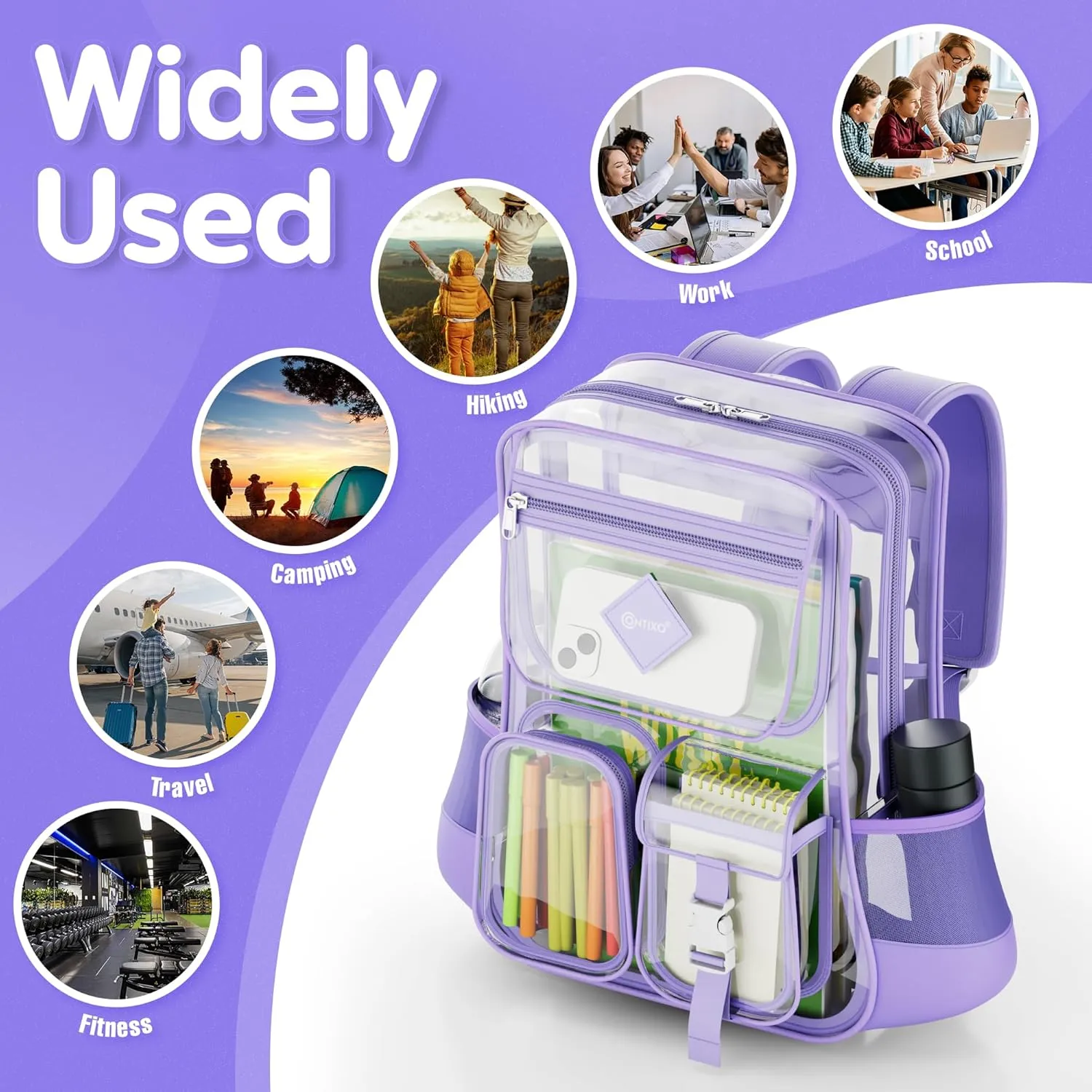 Contixo Clear Backpack for Kids & Adults - Transparent PVC Bookbag - Stadium-Approved Travel Bag for School, Waterproof - Adjustable Straps - Durable Tear-Resistant - 16.9" x 13.7" x 6.6" - Purple