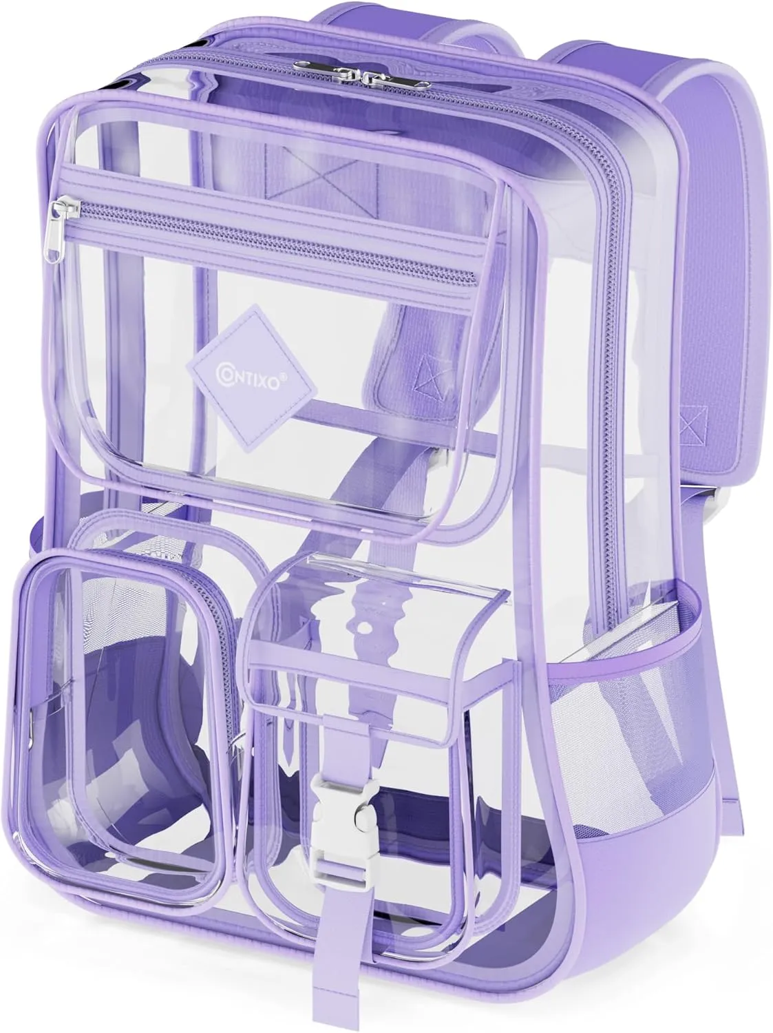 Contixo Clear Backpack for Kids & Adults - Transparent PVC Bookbag - Stadium-Approved Travel Bag for School, Waterproof - Adjustable Straps - Durable Tear-Resistant - 16.9" x 13.7" x 6.6" - Purple