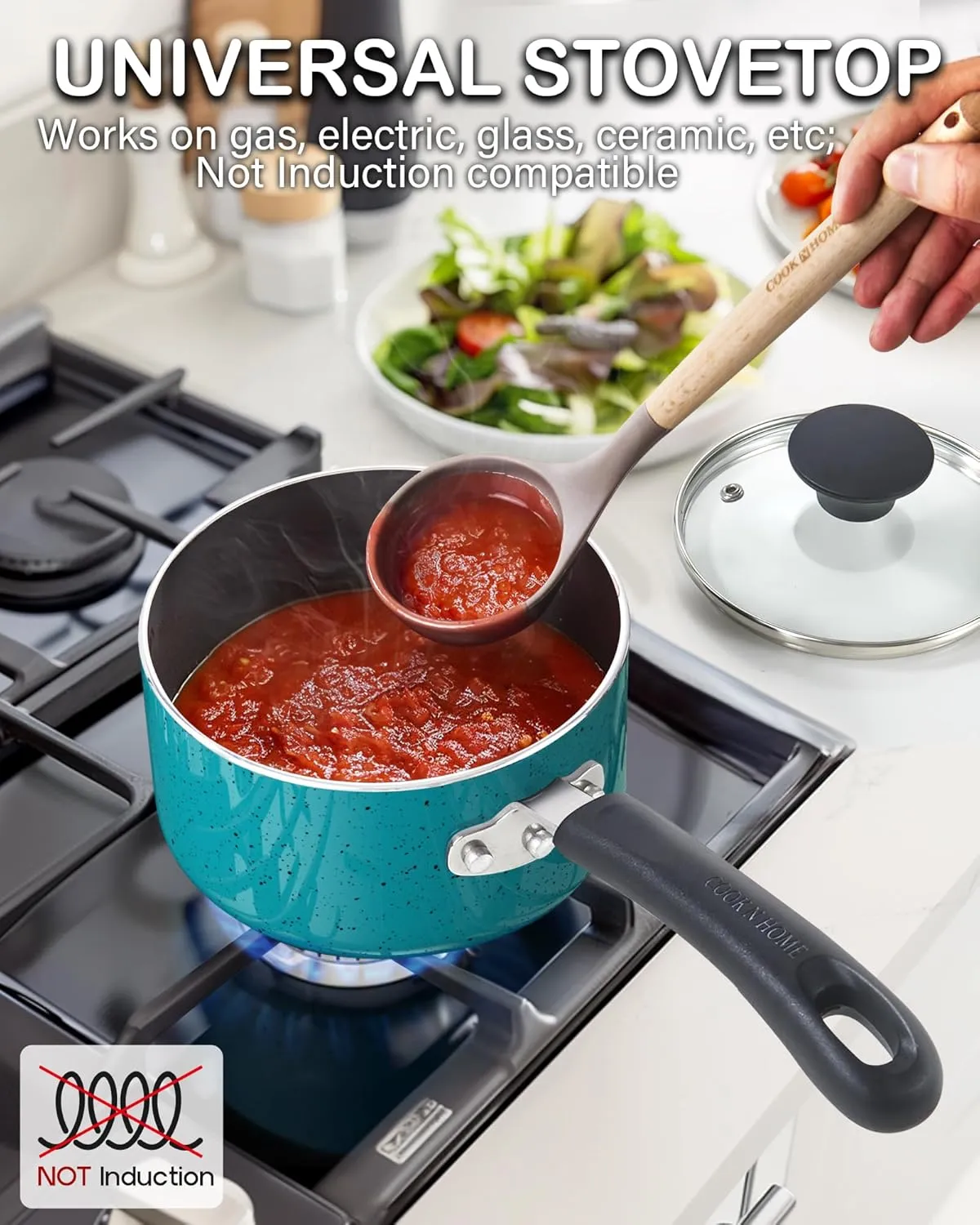 Cook N Home Non Stick Sauce Pan, 1 Quart Saucepan with Glass Lid, Nonstick Small Multi-purpose Pot, Milk Chocolate Aluminum Cooking Pot Pan with Stay-Cool Handle, Turquoise