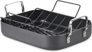 Cooks Standard Turkey Roasting Pan with Rack, Hard Anodized Nonstick 16-Inch x 12-Inch Chicken Ham Roaster Pan Multi-Use Grill Pan with Handles, Black