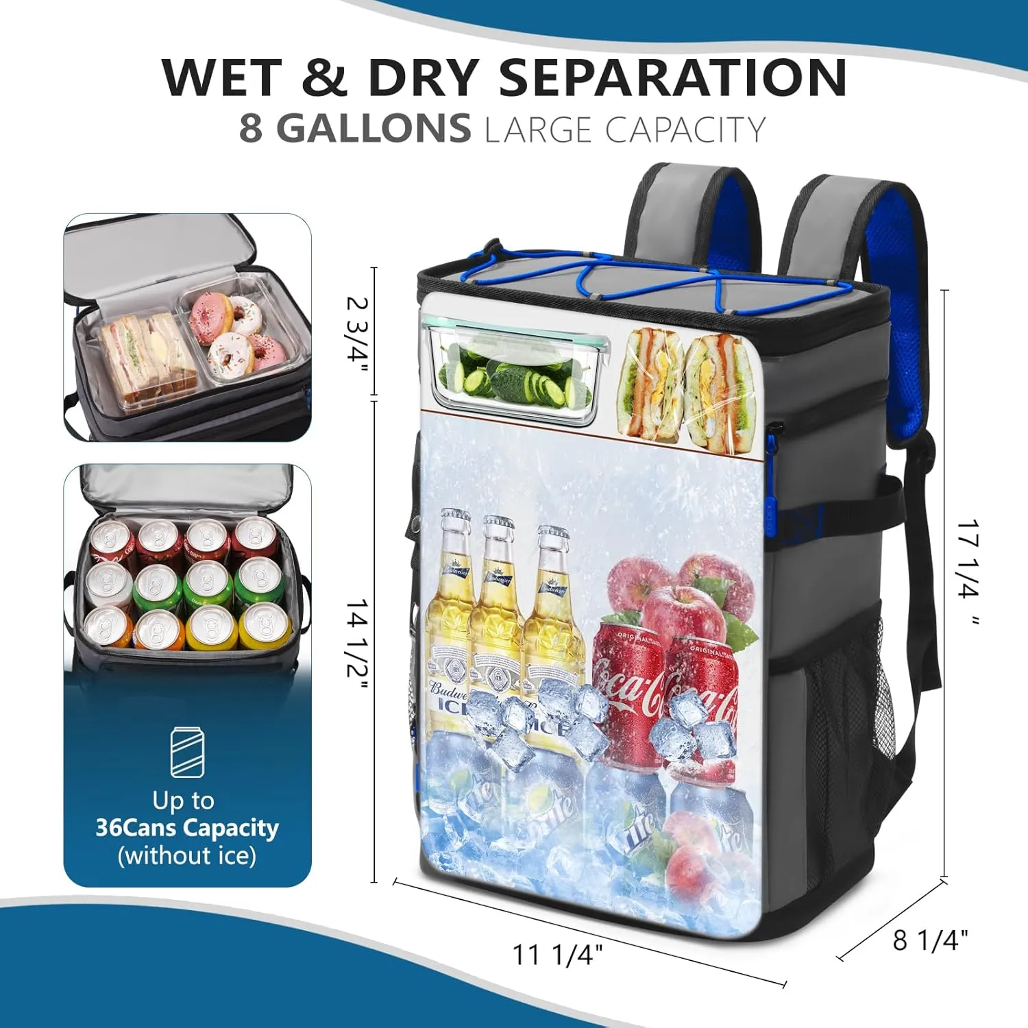 COOLREX Large Backpack Cooler 36 Can Cooler Backpack with 2 Insulated Compartments Leak Proof Waterproof Travel Backpack, Camping Beach Picnic Lunch Thermal Bag for Women and Men