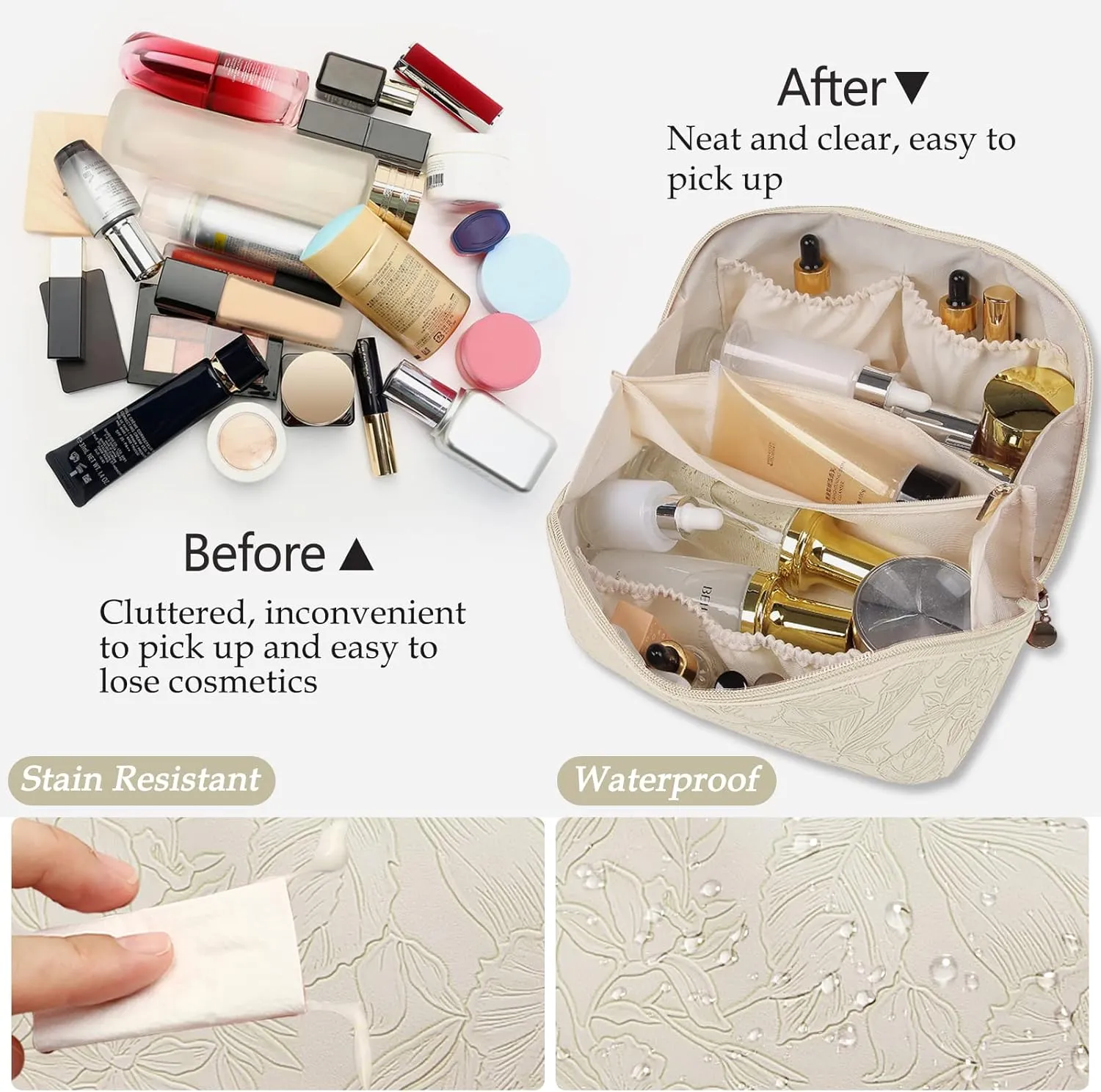 Cosmetic Bag Floral Travel Makeup Bag Large Capacity with Compartment Waterproof PU Leather Makeup Bag Portable Flower Makeup Bag for Women and Girl Travel Makeup Bag, White