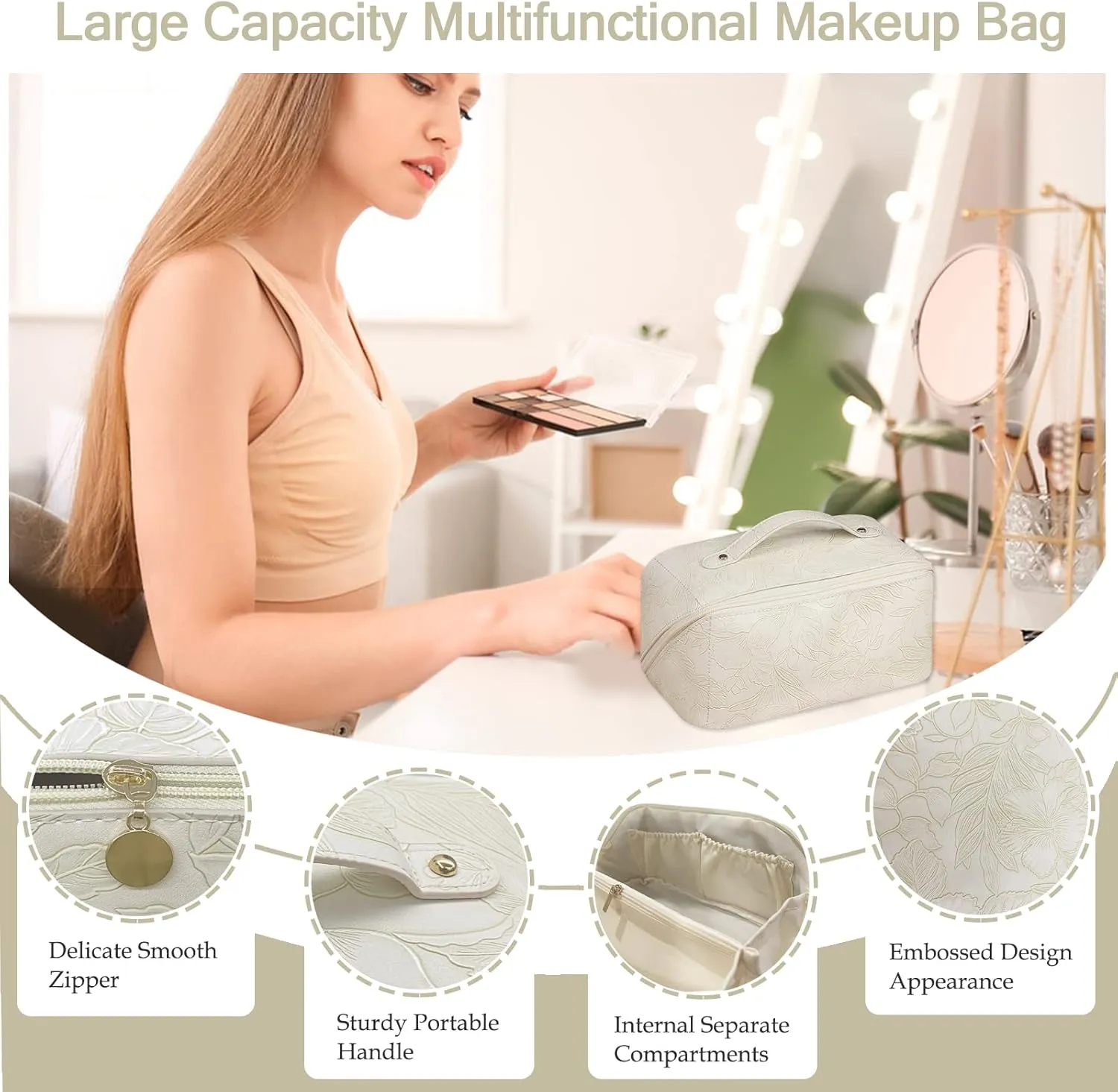 Cosmetic Bag Floral Travel Makeup Bag Large Capacity with Compartment Waterproof PU Leather Makeup Bag Portable Flower Makeup Bag for Women and Girl Travel Makeup Bag, White