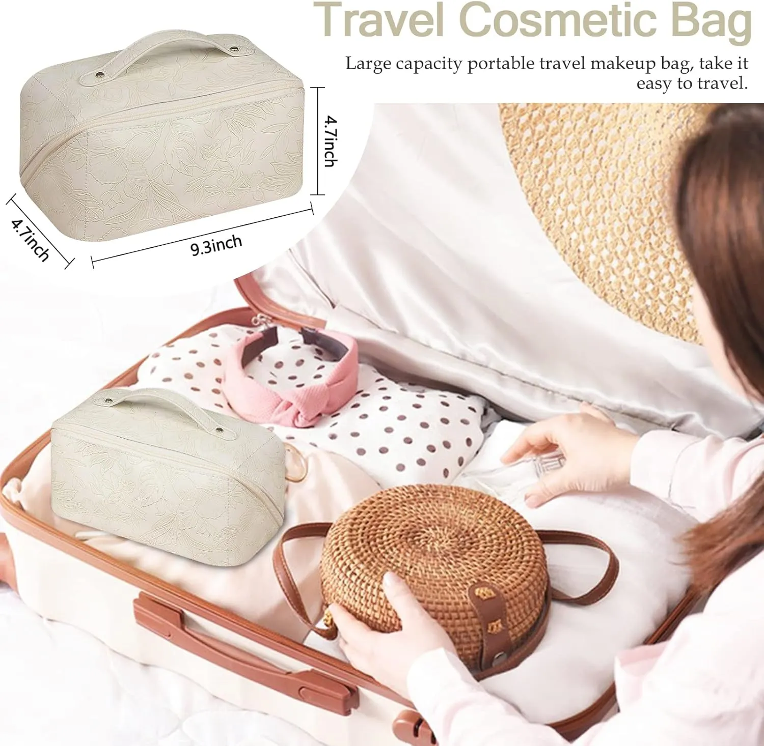 Cosmetic Bag Floral Travel Makeup Bag Large Capacity with Compartment Waterproof PU Leather Makeup Bag Portable Flower Makeup Bag for Women and Girl Travel Makeup Bag, White