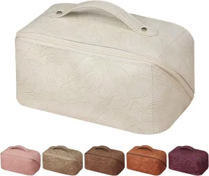 Cosmetic Bag Floral Travel Makeup Bag Large Capacity with Compartment Waterproof PU Leather Makeup Bag Portable Flower Makeup Bag for Women and Girl Travel Makeup Bag, White