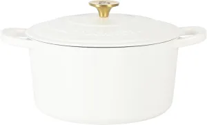 Crock Pot Artisan 6-Quart Round European Enameled Dutch Oven Pot With Lid - Matte Linen White w/Gold Knob