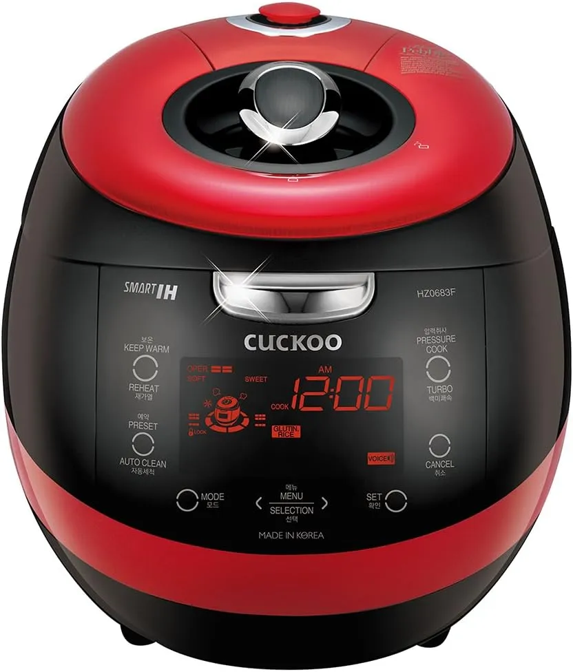 CUCKOO CRP-HZ0683FR | 6-Cup (Uncooked) Induction Heating Pressure Rice Cooker | 13 Menu Options, Auto-Clean, Voice Guide, Made in Korea | Black/Red