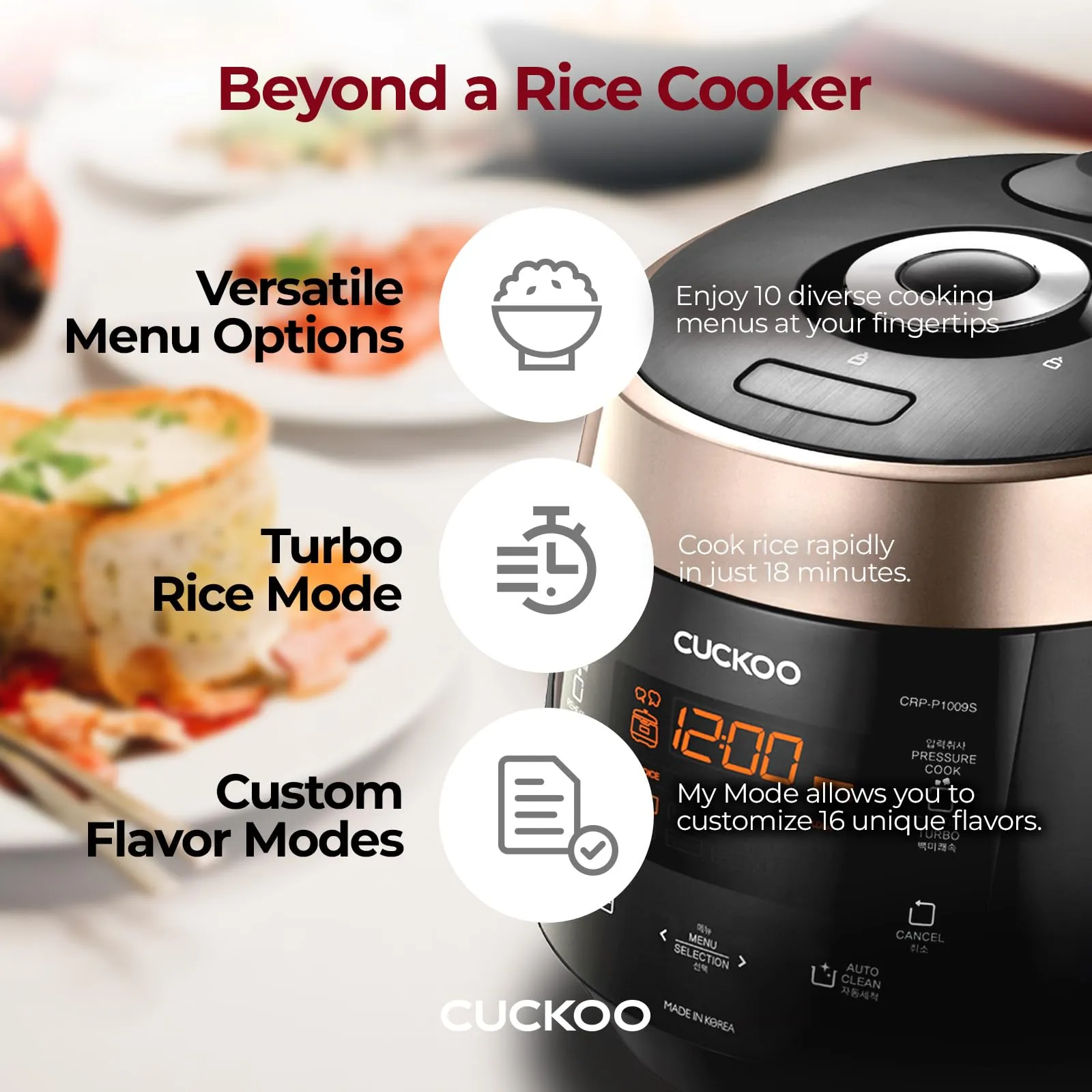 CUCKOO CRP-P1009SB 10-Cup (Uncooked) / 20-Cup (Cooked) Heating Pressure Rice Cooker &amp; Warmer with Nonstick Inner Pot, 13 Menu Modes, Fuzzy Logic Tech, 3 Voice Guide, Auto Clean (Black)