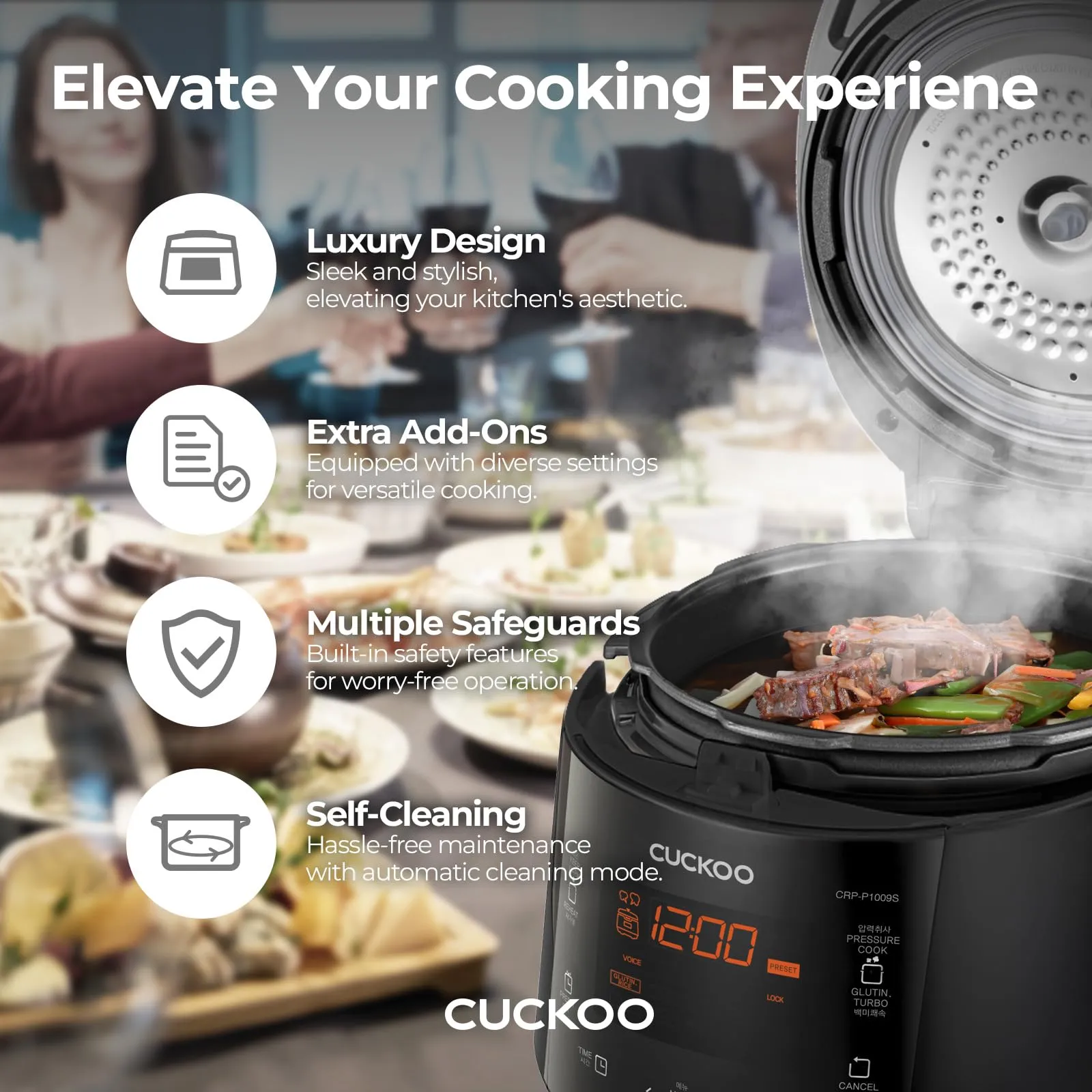 CUCKOO CRP-P1009SB 10-Cup (Uncooked) / 20-Cup (Cooked) Heating Pressure Rice Cooker &amp; Warmer with Nonstick Inner Pot, 13 Menu Modes, Fuzzy Logic Tech, 3 Voice Guide, Auto Clean (Black)